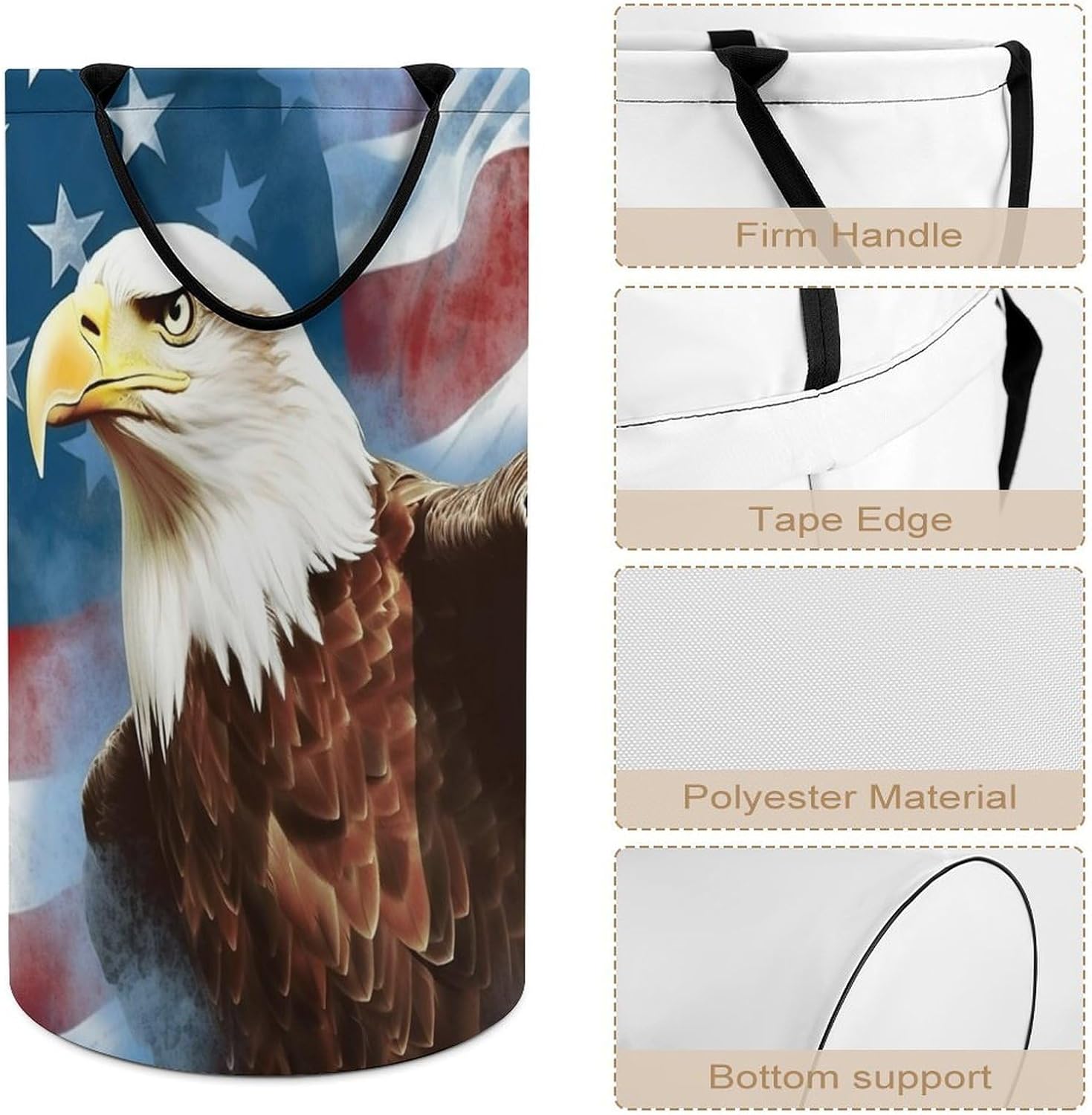 American White Eagle Laundry Basket Freestanding Laundry Hamper with Handles Waterproof Dirty Clothes Hamper Collapsible Washing Bin Aesthetic Clothes Basket for Bathroom Bedroom Dorm