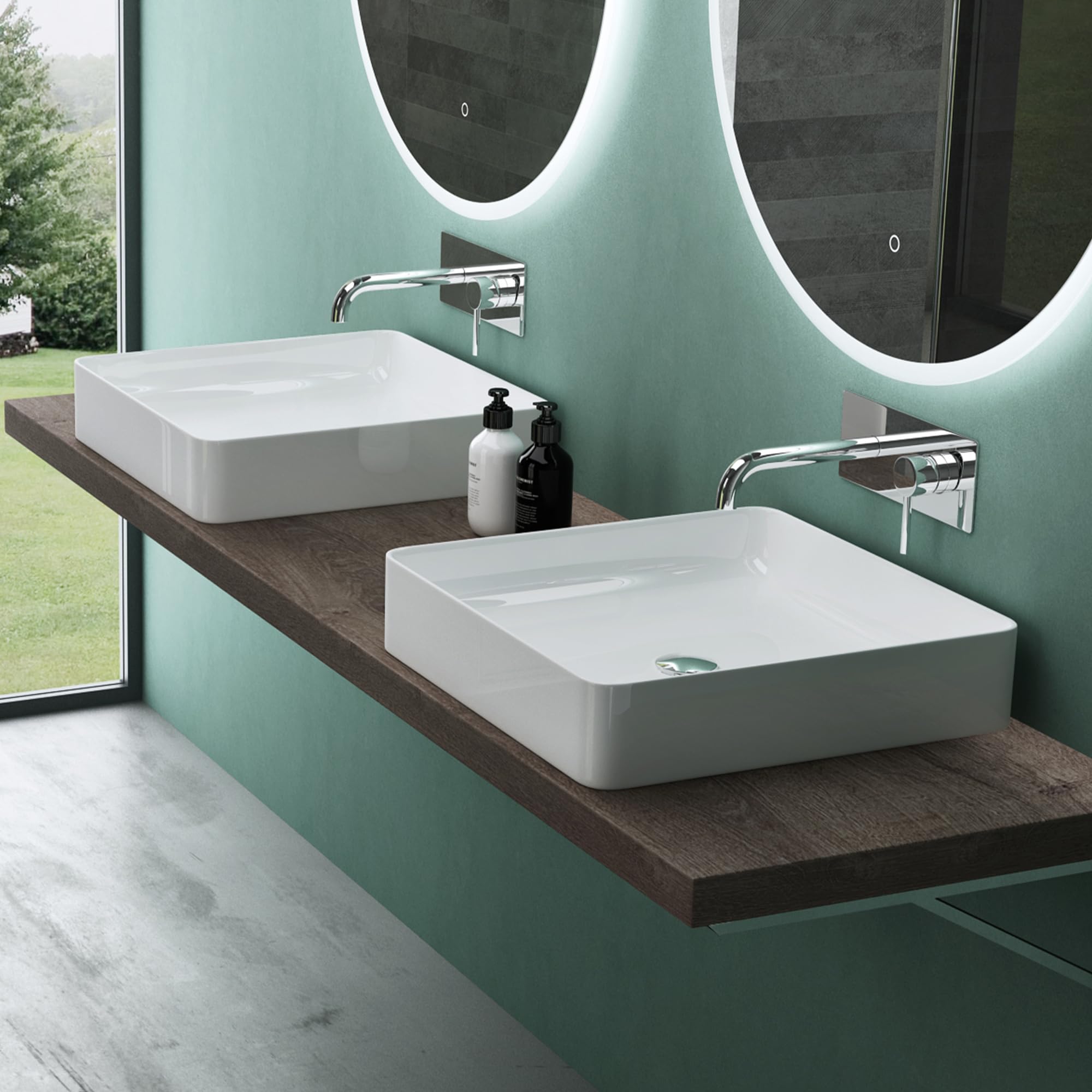 Mai & Mai Lavabo sobre Encimera 50x35x11 cm – Blanco Brillante, Cerámica, Rectangular, sin Orificio para Grifo | Lavabo de baño, Nano revestimientos incluidos, blanco