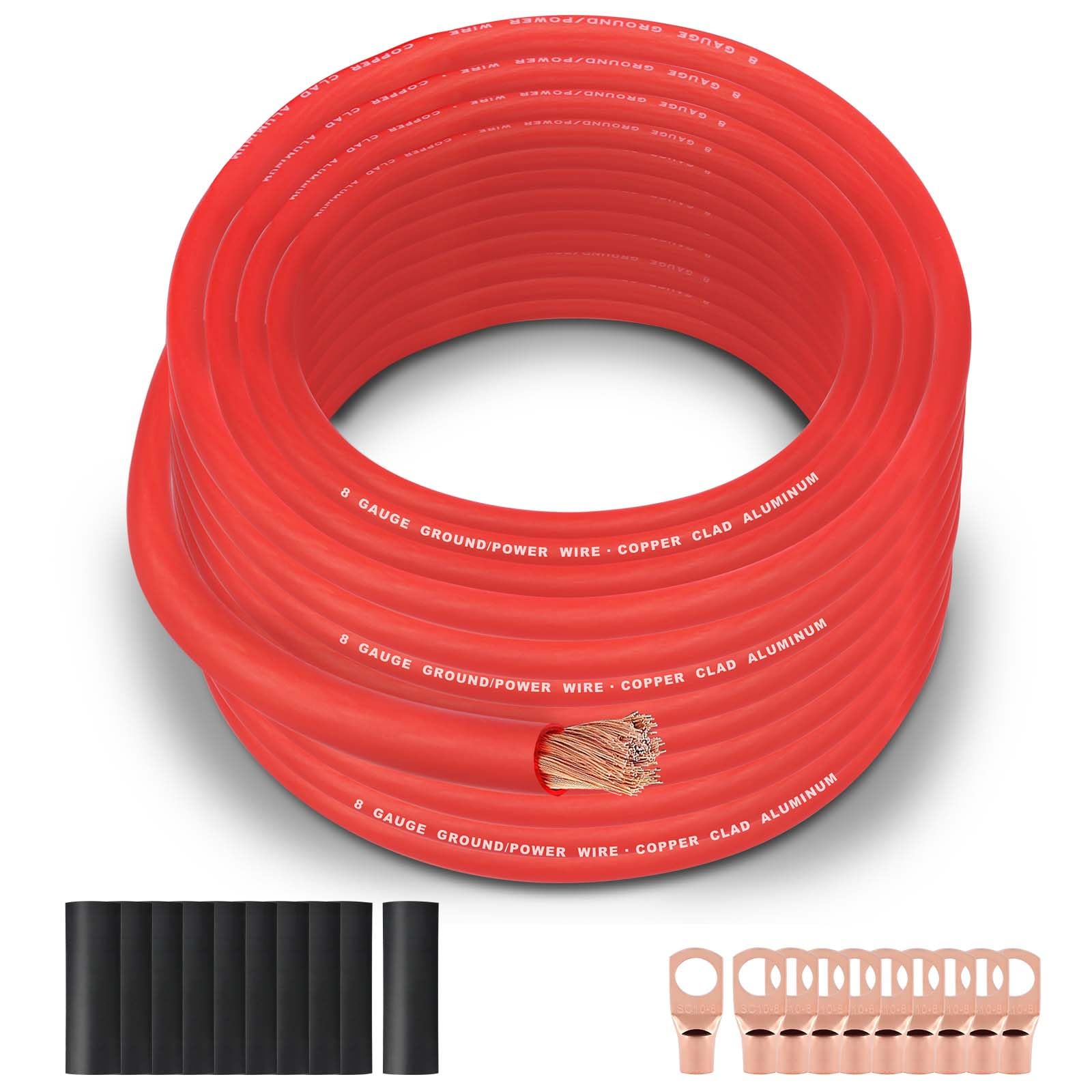 8 Gauge Wire (50FT Red) SGANGCAR True Spec Power Ground Wire Cable with 10 Lugs, 10 Heat Shrink Wrap,Copper Clad Aluminum CCA,for Power/Auto,Amplifier