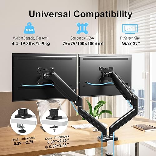 Miniatura 3 de Soporte de monitor doble para pantalla de computadora de 13 a 32 pulgadas, soporte de brazo de monitor doble de 4.4 a 19.8 libras cada uno, soportes