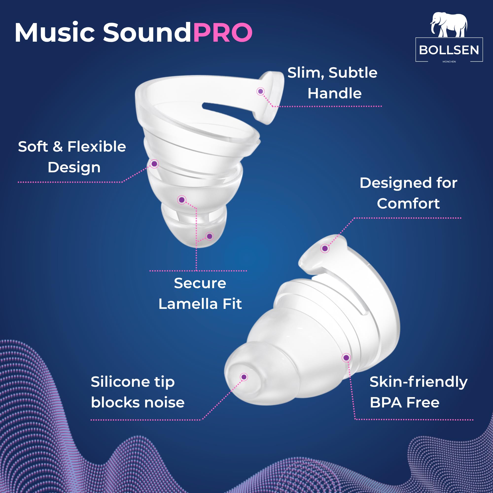 Bollsen Tapones para los oídos para conciertos, festivales y fiestas – Reducción de ruido 24 dB SNR & tapones de silicona reutilizables para melómanos, DJs y músicos – Cómodos y discretos (3)