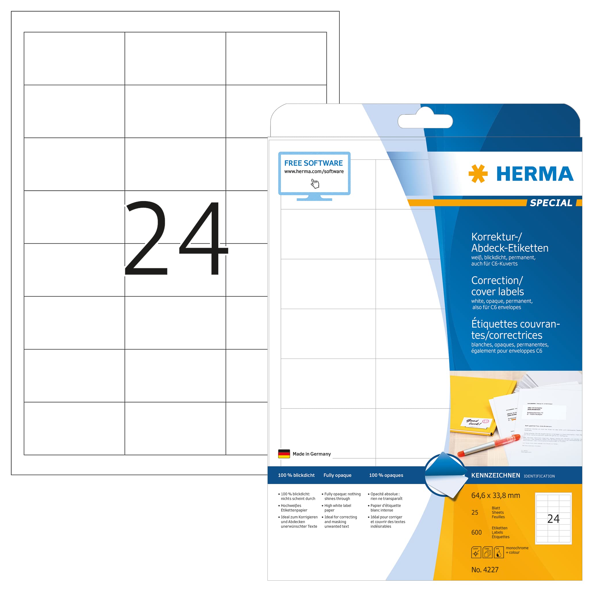 HERMA 4227 Abdeck-Etiketten DIN A4 blickdicht (64,6 x 33,8 mm, 25 Blatt, Papier, matt) selbstklebend, bedruckbar, permanent haftende Korrektur-Aufkleber, 600 Klebeetiketten, weiß