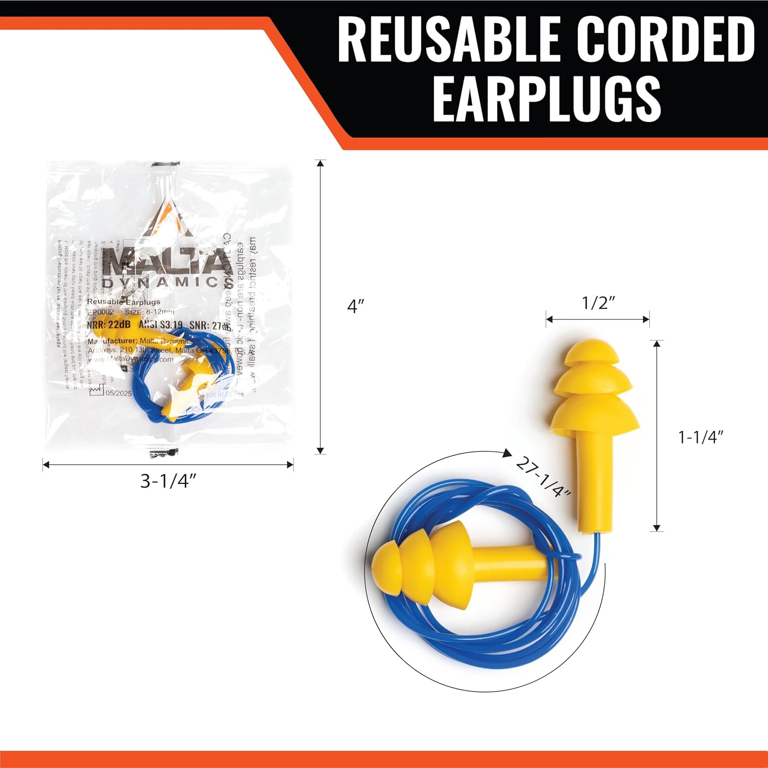 Malta Dynamics Corded TPE Ear Plugs 100 Pcs – 22dB NRR Noise Cancelling Ear Plugs for Hearing Protection, Construction, Sleep, Concerts, Shooting, Individually Wrapped & Reusable Earplugs