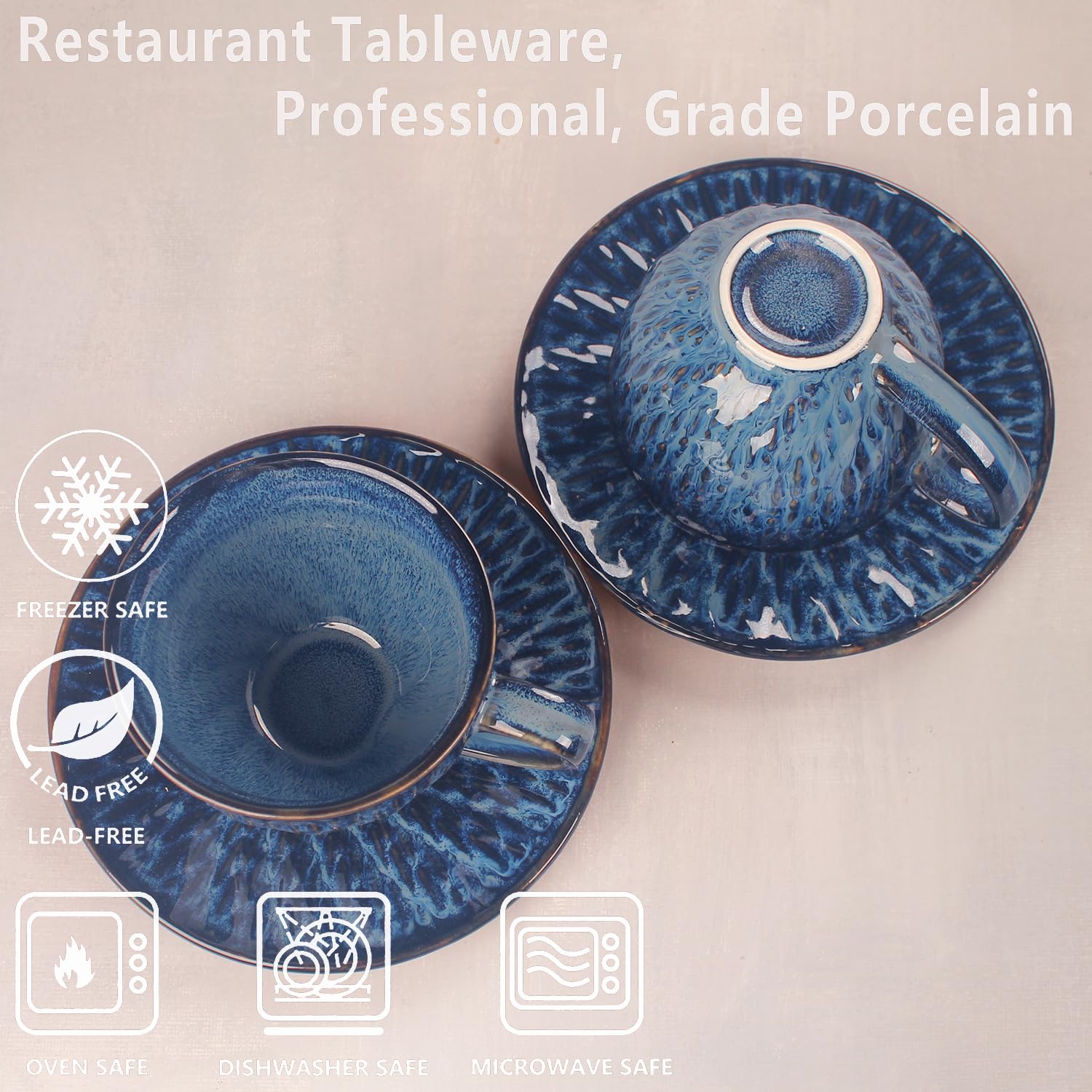 Set di tazze da caffè in ceramica con piattino, 8 pezzi, impilabili, per latte, tè caldo, cappuccino, moka, cacao, lavabili in lavastoviglie e forno a microonde, blu reale