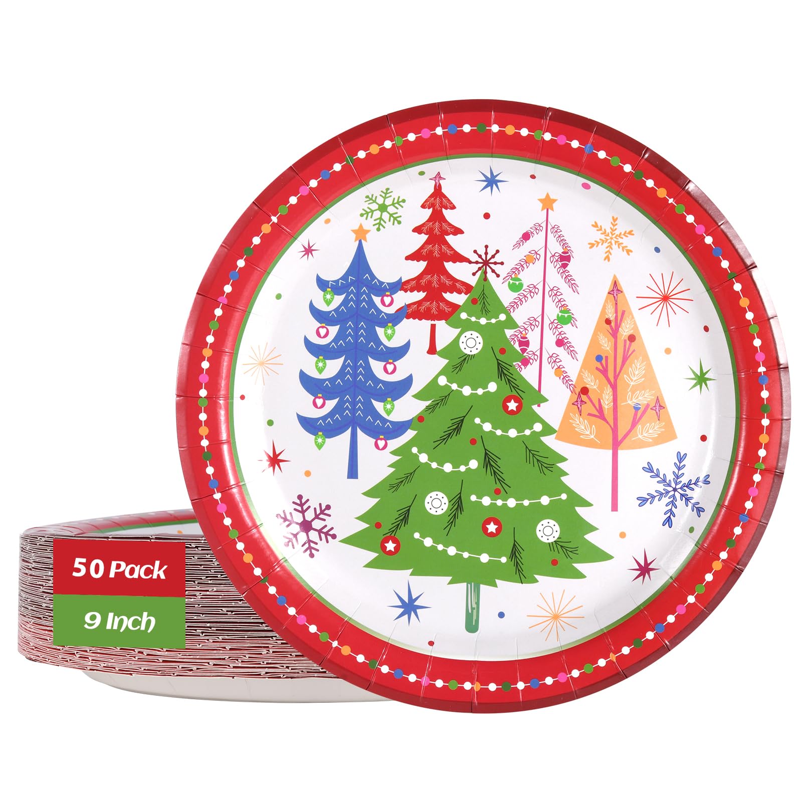 50 platos de papel desechables de Navidad, platos de fiesta para postre, cena, aperitivo, ensalada, pastel, galletas, vajilla de Navidad, suministros de decoración de fiesta