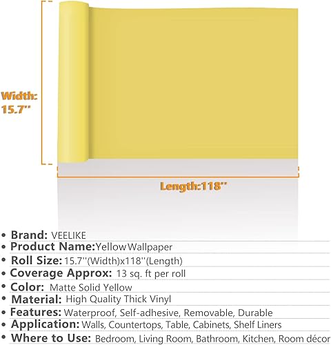 Miniatura 2 de VEELIKE Papel tapiz amarillo limón mate de 15.7 x 118 pulgadas, papel adhesivo amarillo sólido, impermeable, autoadhesivo, extraíble, película de