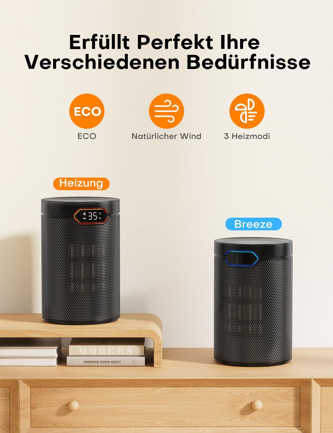 QEXREED Heizlüfter 1500W PTC Energiesparend ECO Modus 4 Heizmodi Thermostat 24H Timer Fernbedienung Überhitzungsschutz Kippschutz Tragbar Leise