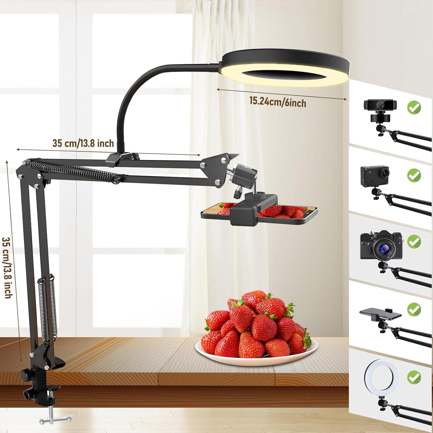 Overhead Camera Mount with 6‘’ Ring Light, Desk Tripod, Flexible 360° Adjustable Articulating Phone Arm Stand Compatible for, Video Recording, TikTok, Live Stream