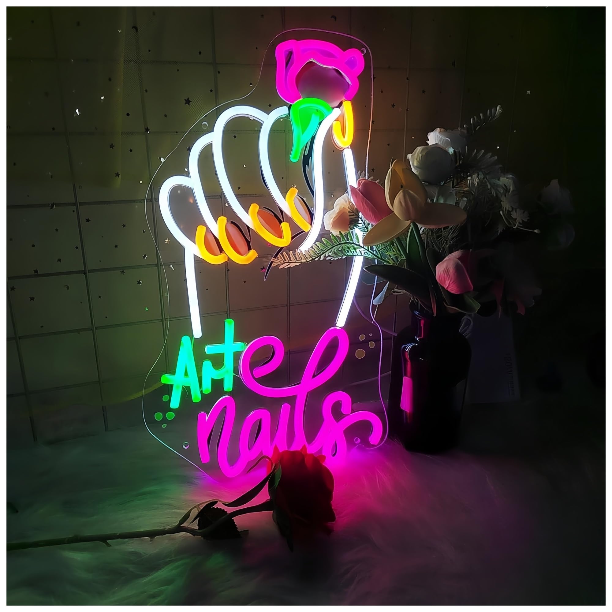 SHOUXI Sign Lamp Holding A Rose Neon Sign Decoration Wall Art Beauty Salon Decor 45X25cm