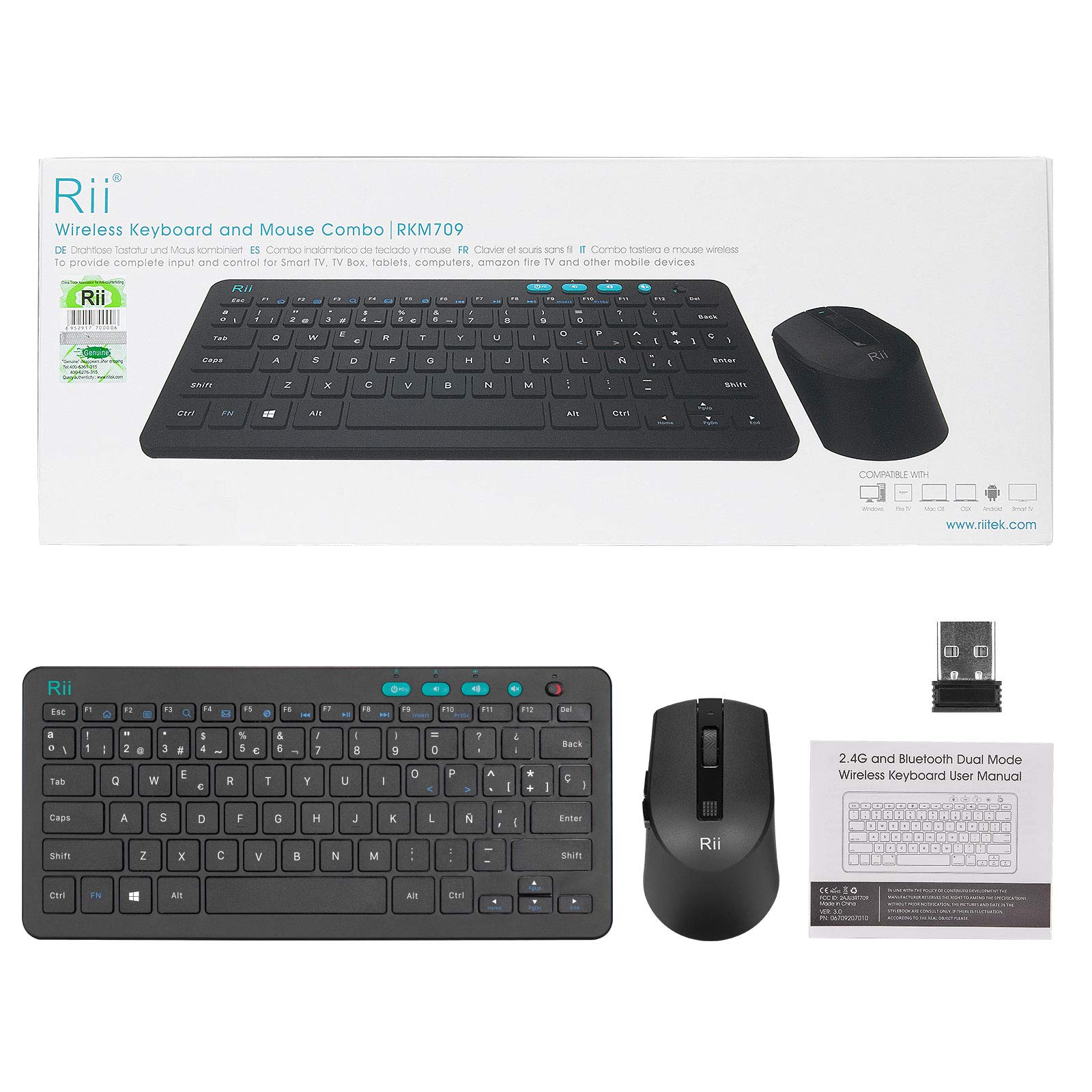 Rii RKM709 Combo de Teclado Español y Ratón Inalámbrico, QWERTY Español, Negro, para Windows, Android, Chrome y Smart TV etc.