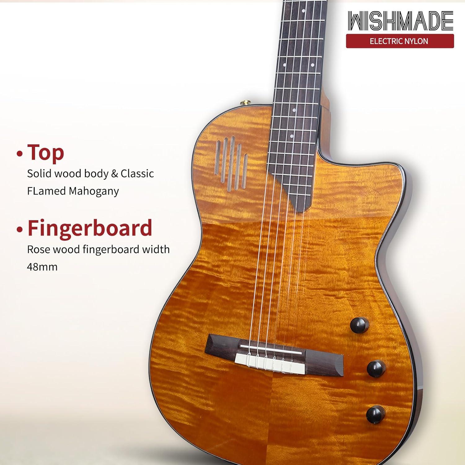 Wishmade Acoustic Electric Nylon String Guitar,Hollow-Body Electric Guitar， Solid Spruce Top, Chambered Solid Body, Cutaway, Recycled Nylon Shell Gig-Bag (Natural)