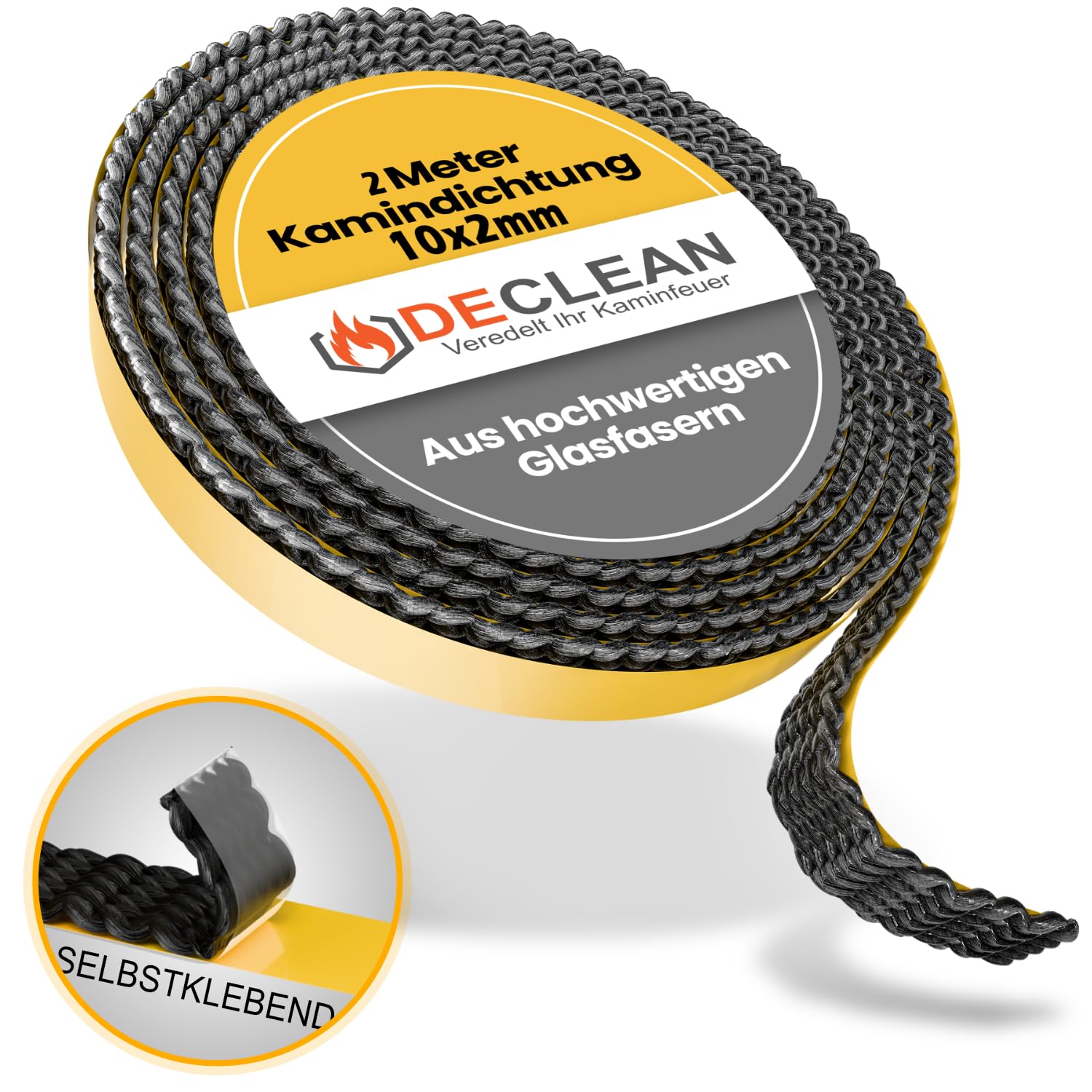 Chimney seal cord self-adhesive sealing tape glass door fireplace oven seal made of fibreglass, heat-resistant up to 550 °C, length 2 m, width 10 x 2 mm.