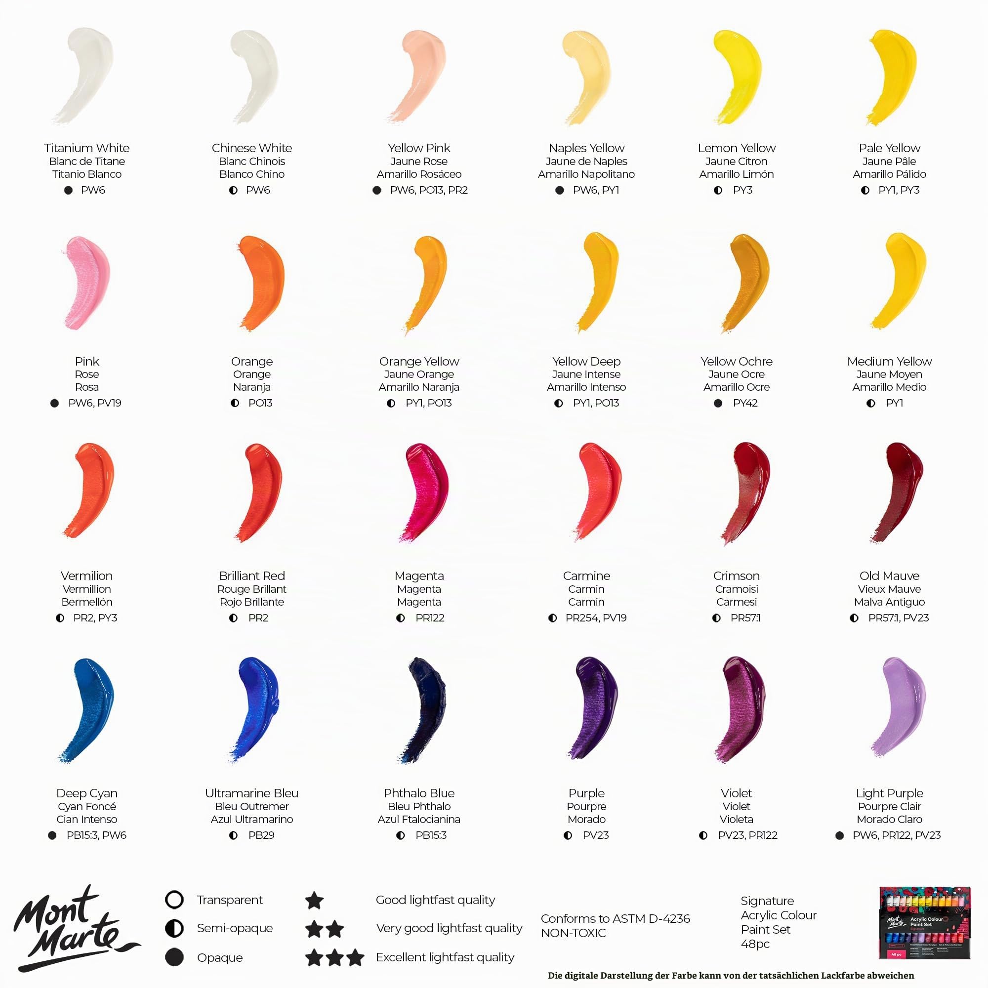 Mont Marte Acrylfarben Set Premium – 48 Stück, 36ml Tuben – Ideal für Acrylmalerei – Brillante Lichtechte Farben mit großer Deckkraft