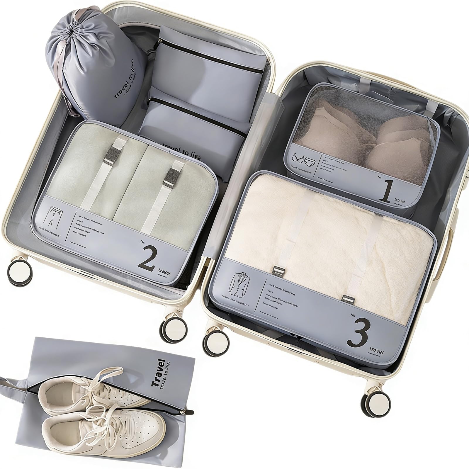 Set di 7 cubi per valigie, organizer leggeri per bagagli, accessori da viaggio, organizer per valigie a compressione, set di borse e cubi da viaggio, per viaggi, borse da imballaggio per vestiti