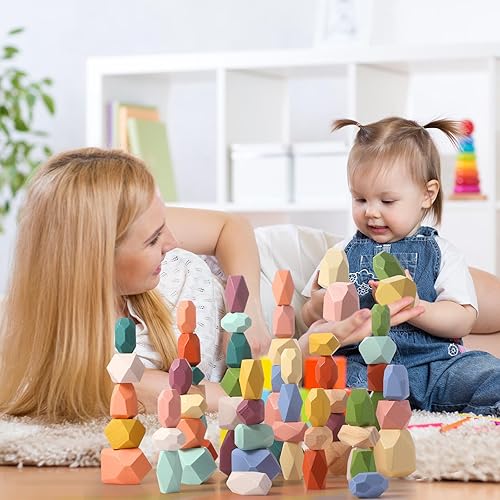 Miniatura 5 de Jenaai 60 piezas de juguetes Montessori de rocas apilables para niños de 1 año de edad, piedras de equilibrio de madera coloridas para bebé, cesta