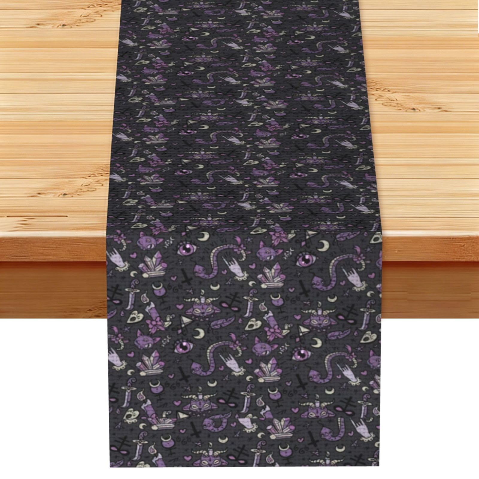 Purple Black Goth Spooky Multi Purpose Table Runner for Home Decor, Printed Table Cloth for Kitchen Table, Countertops & Dining Area