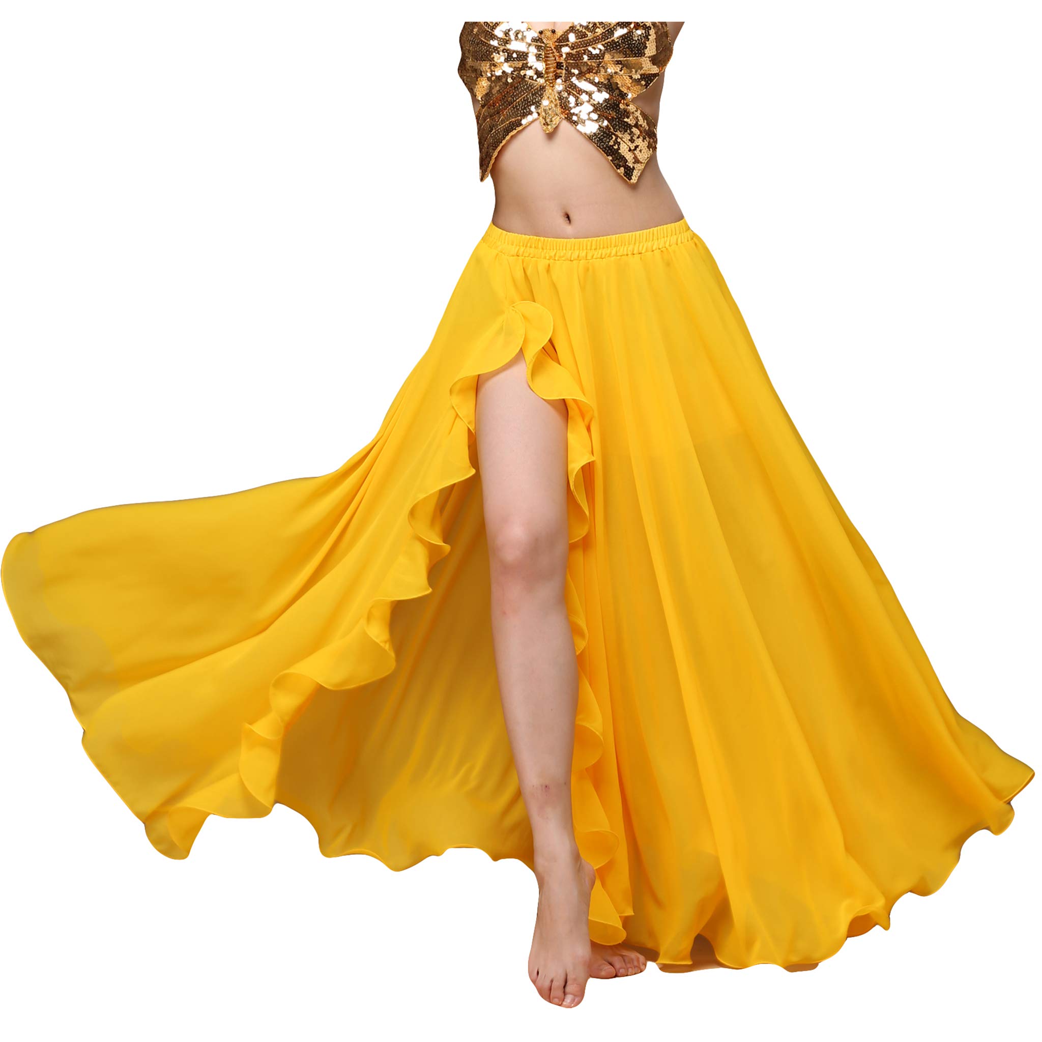 Chiffon Slit Skirts Belly Dancer Practice Training Dancing Long Swing Skirt Costume for Beginners Yellow