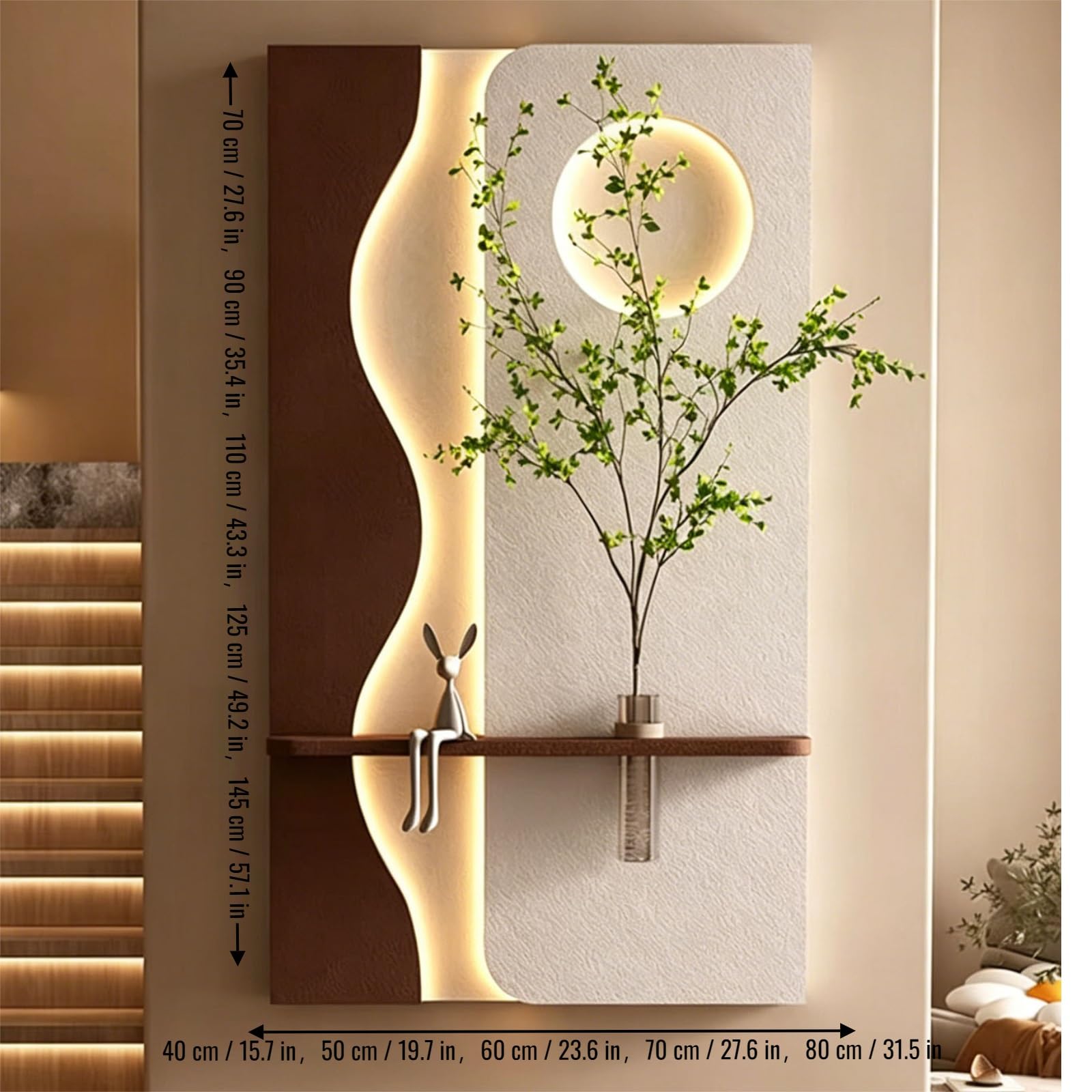 Decorazione murale 3D con illuminazione a LED, scultura in arenaria con vaso in vetro e pianta artificiale, decorazione moderna per ingresso, soggiorno, corridoio e ufficio. (D, 50 * 90 cm / 19,7 * 3