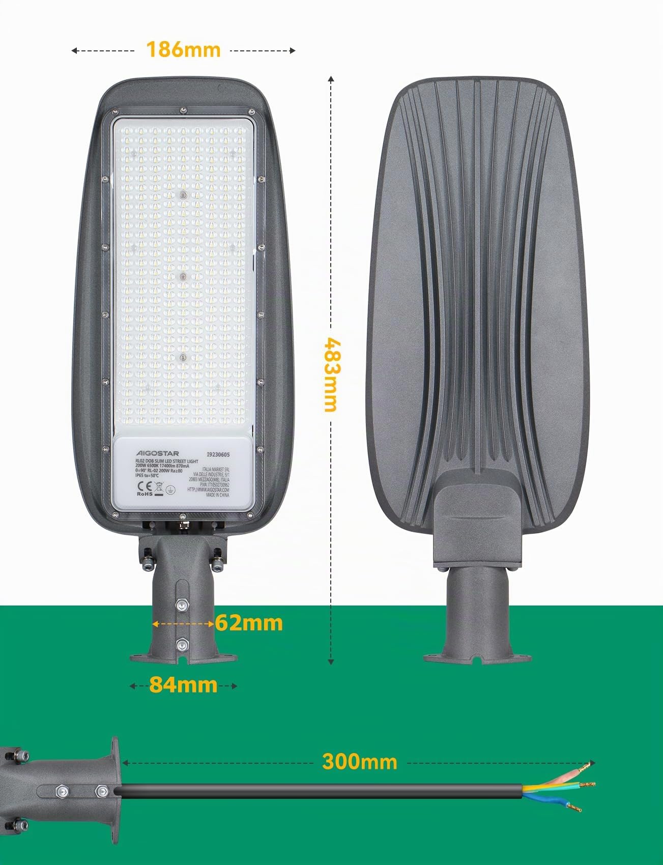 Aigostar Lampione LED 100W, 9300LM Luce Stradale 6500K IP65 Impermeabile IK08 Per Parcheggio, Strada, Scuola, Campo Da Basket, Cortile, Piazza(Senza staffa)