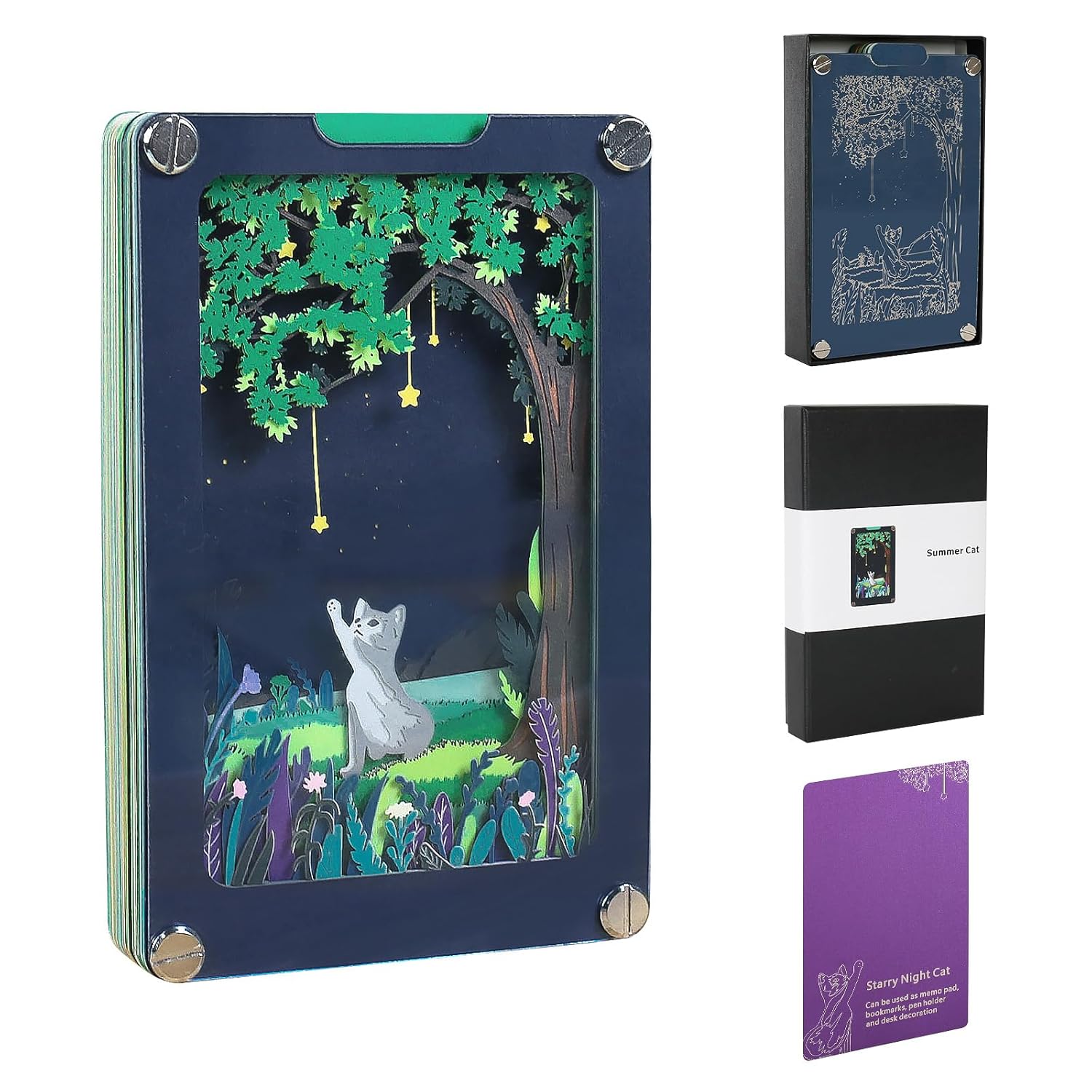 SIWEME 3D Memo Pad,Starry Cat Paper Sculpture Art Non-stick Notes with Pen Holder, 3D Art Notepad Paper Card Craft Creative Note Desk Decoration Gift (Starry Cat)