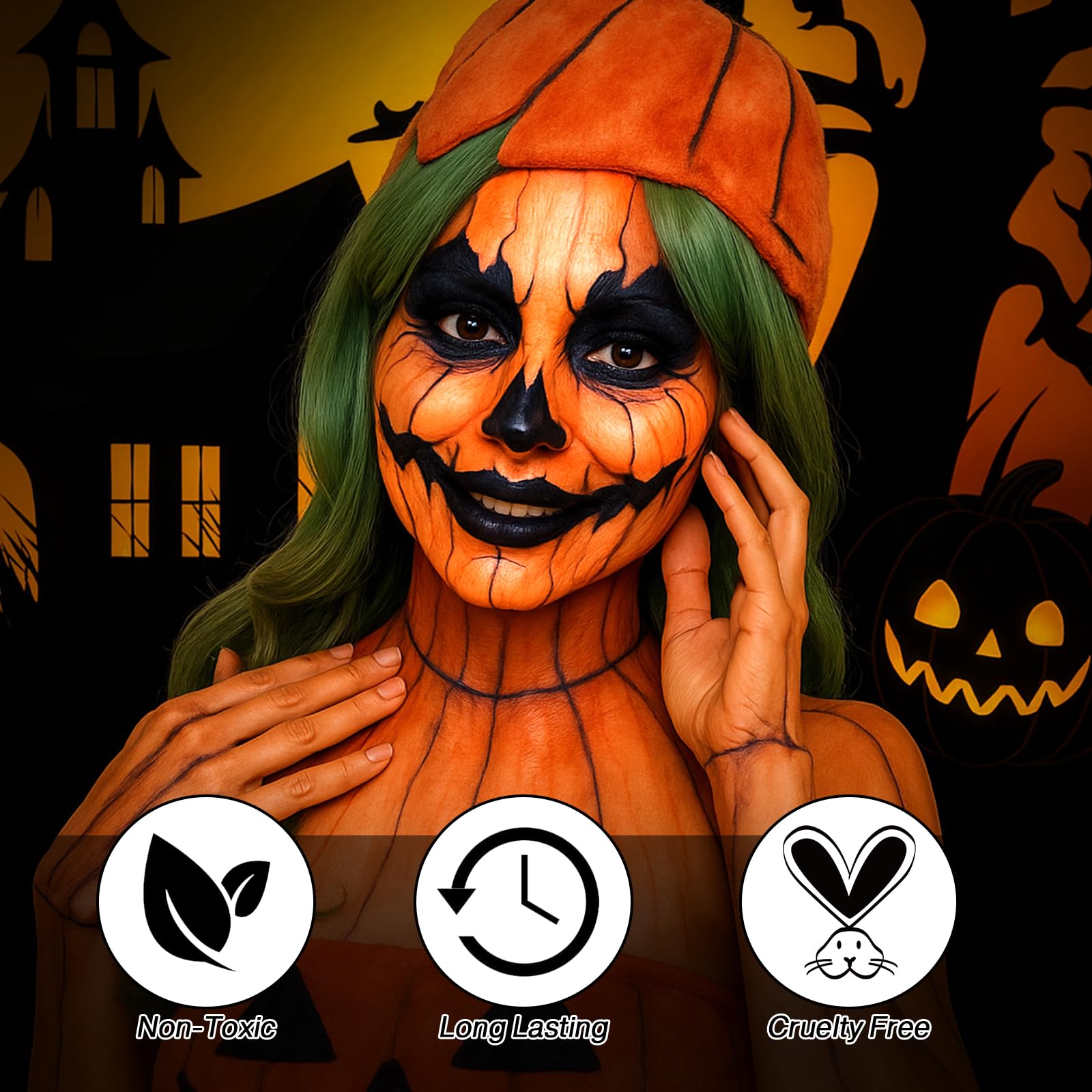 Pintura corporal negra, naranja y amarilla + 3 esponjas + 5 pinceles para maquillaje de espantapájaros de Halloween, 9 piezas de pintura facial no tóxica a base de aceite para Halloween calabaza SFX 2