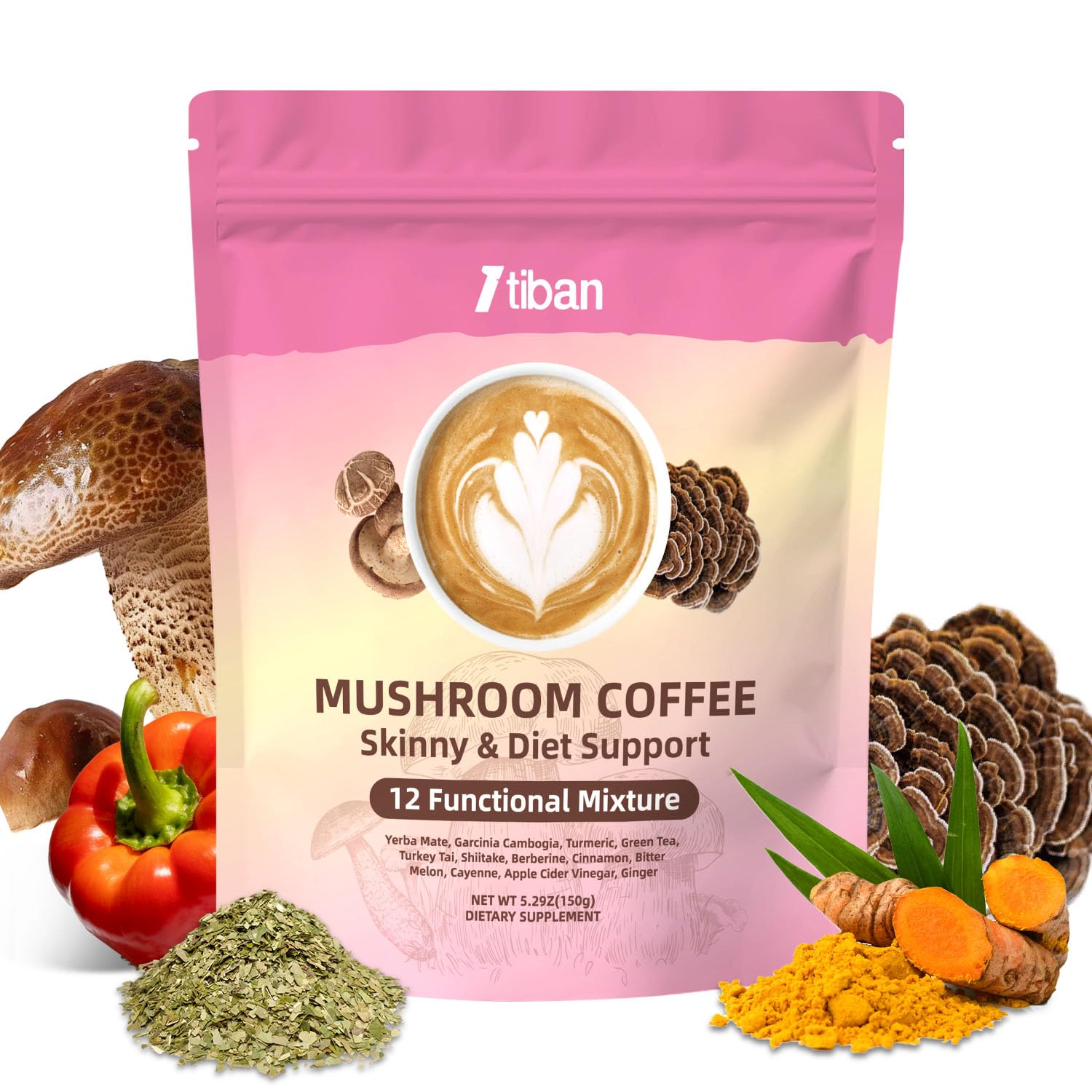 Slim Mushroom Coffee, Instant Coffee with Berberine, Cinnamon, Yerba Mate, Turmeric, & More for Skinny, Metabolism Boost - 30 Servings