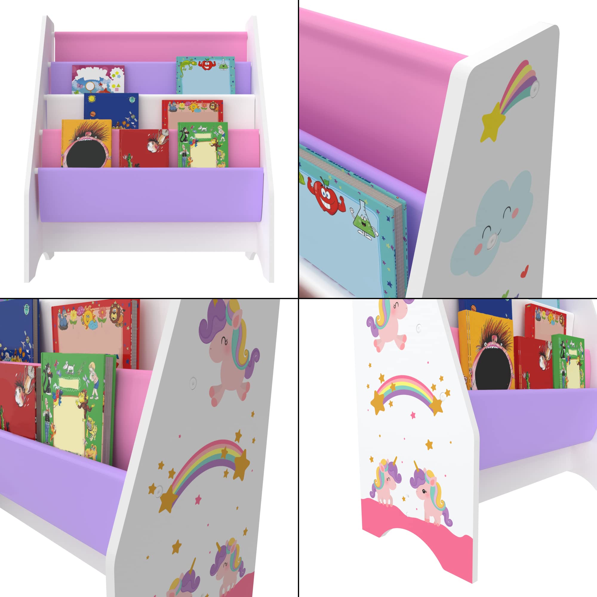 [en.casa] Scaffale per Cameretta con 4 Contenitori Morbidi a Scaletta - Mobile Porta Libri a Misura di Bimbi - Decorazione Unicorno - Rosa/Viola