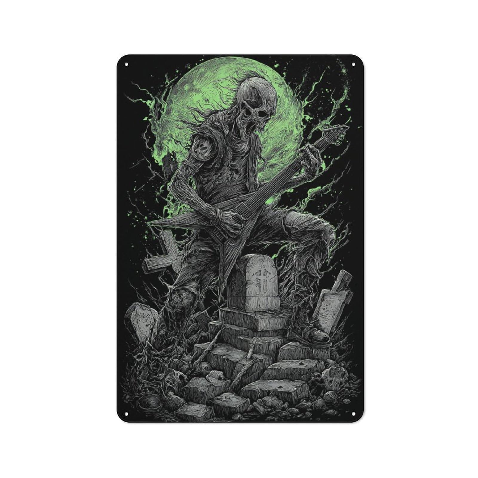 Junmoney Graveyard Guitarist With Full Moon Metal Wall Sign 30X20cm Featuring For Café Or Restaurant, A Decorative Metal Sign For Cafés And Restaurants