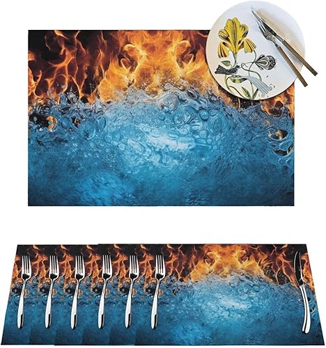 6 PCS PVC Placemats Set Place Mats Ice Fire Non-Slip Weave Place Mats 12" x 18" Farmhouse Table Mat Set for Family Dinners Wedding Parties