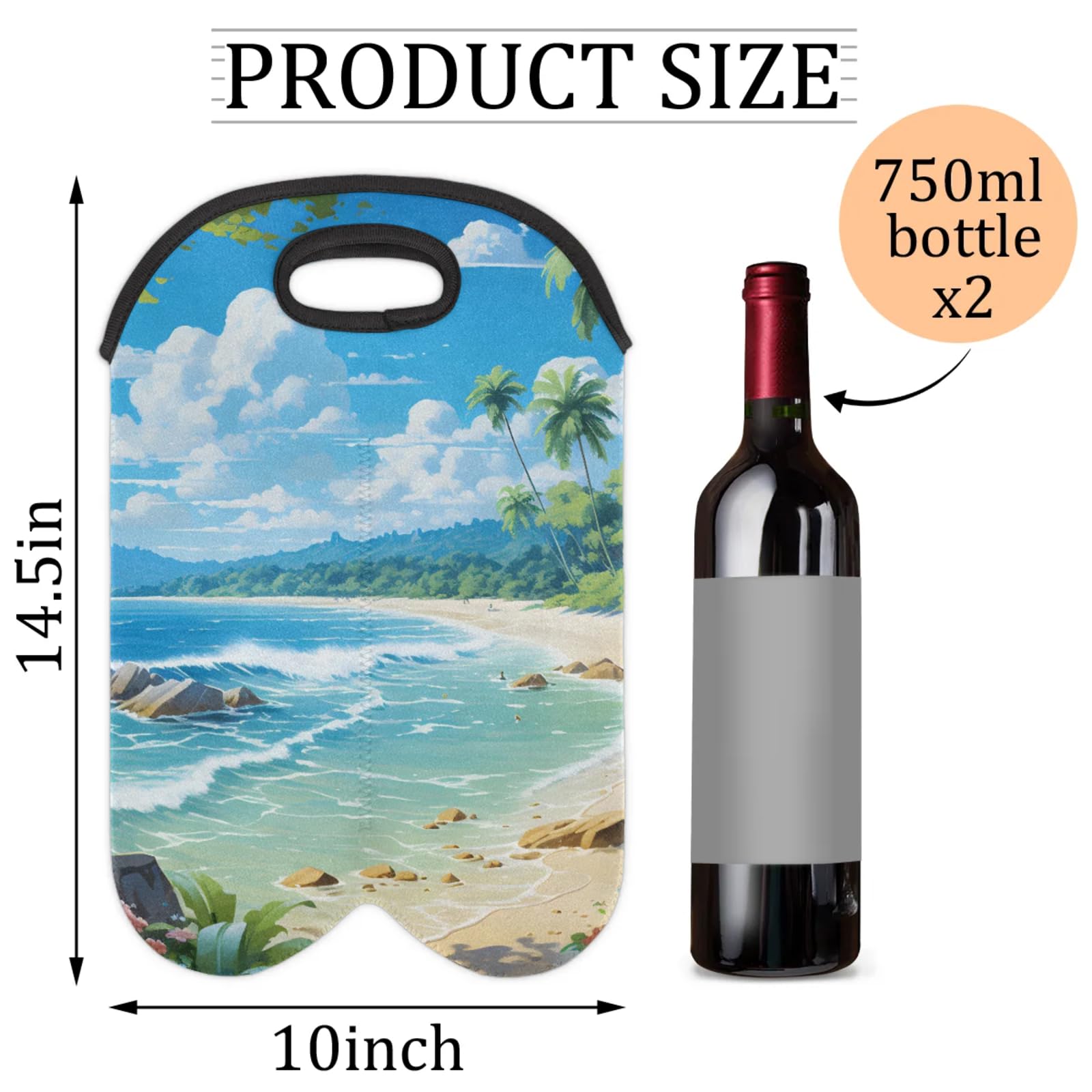 GzLeyigou 2 Bottles Beach Landscape Wine Bag Sleeve Totes Neoprene Protective Wine Carrier Bag for Wine,Water, Champagne, Beer, Baby Bottles,Gift 14.5 x 10 Inches