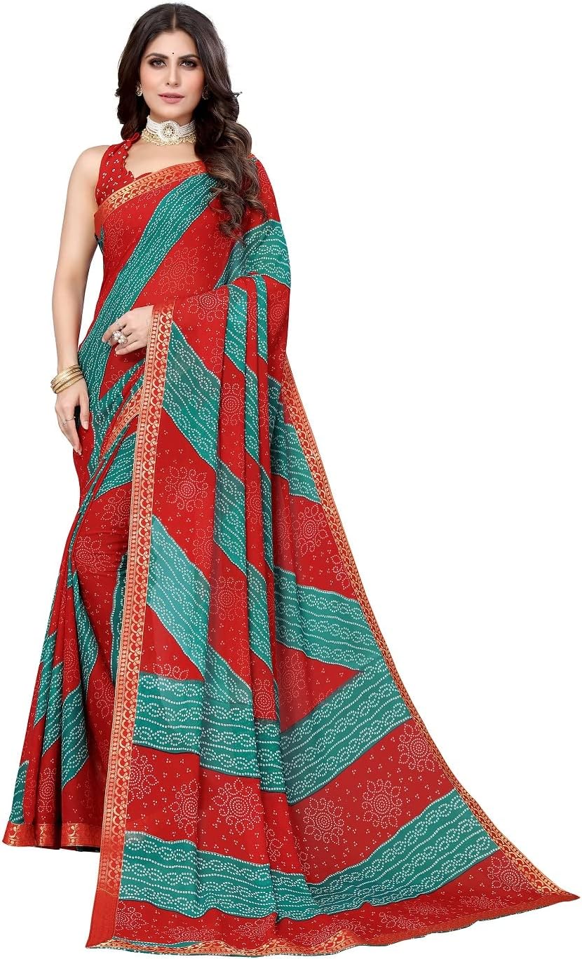 Mithila RootIndian Women's Georgette Festive Wear Saree Bandhani Printed Sari with Blouse Piece