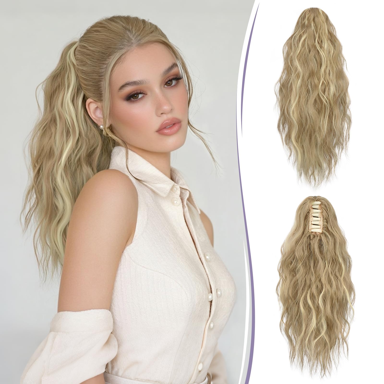 RUWISS Coleta Postiza Pelo Natural con Pinza, Cola Postiza Rizada Ondulado 35 cm Cola Caballo Extension Pelo Natural Sintético para Mujeres (Rubio Ceniza Oscuro)