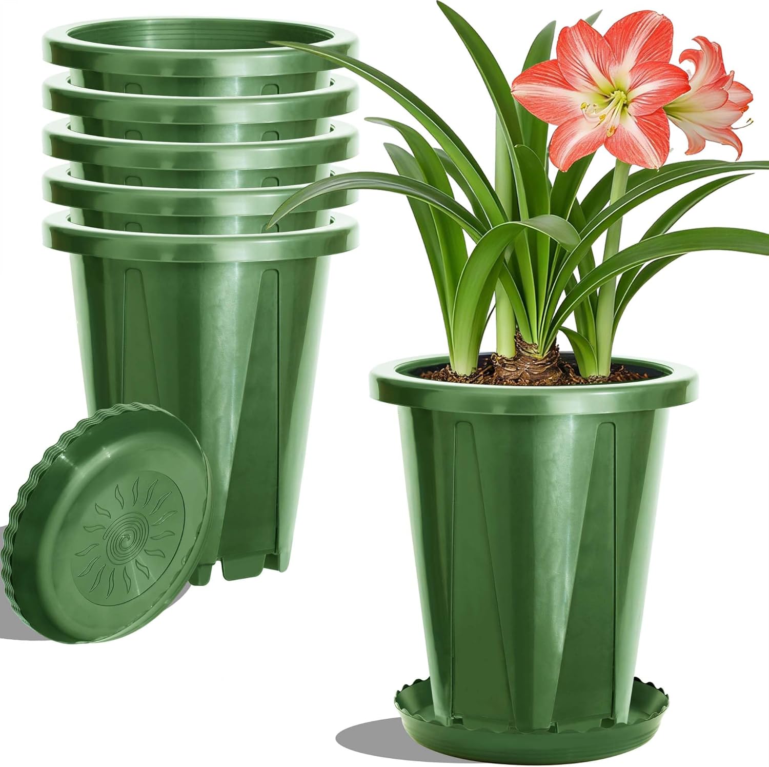 S SUSANN 6 inch Plant Pots, 6 Pack Flower Pots Outdoor Indoor, Planters with Efficient Drainage and Ventilation Holes (Green)