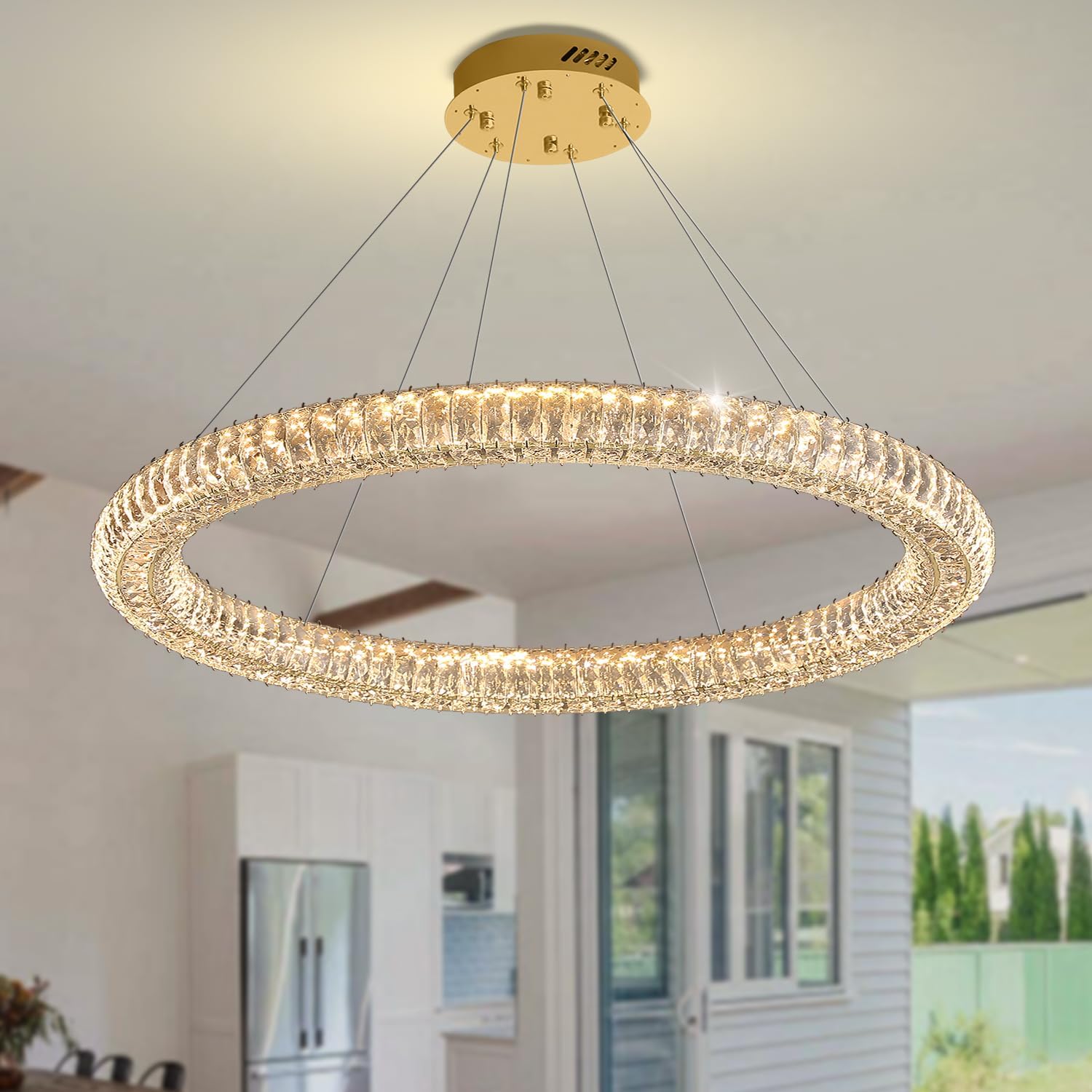 Modern Gold Crystal Chandelier Dimmable LED 47.5" Ring Pendant Light Adjustable Round Crystal Chandelier Light Fixtures for Dining Room Living Room