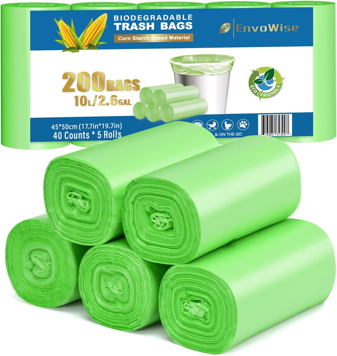 [200 Counts] 2.6 Gallon Biodegradable Trash Bags | Eco-Friendly, Unscented, 10L Small Size Bags for Bathroom Bedroom Office Kitchen Trash Can | Compostable Garbage Bag by EnvoWise