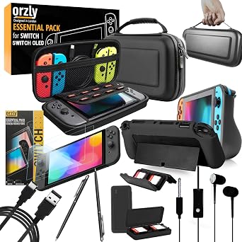 Orzly Switch 1 / Switch OLED Accessories Bundle Case & Screen Protector for Nintendo Switch 1 2017-2024 Console Charge Cable, Game Holder, Comfort Grip Case, Headphones & More Gift Box Edition