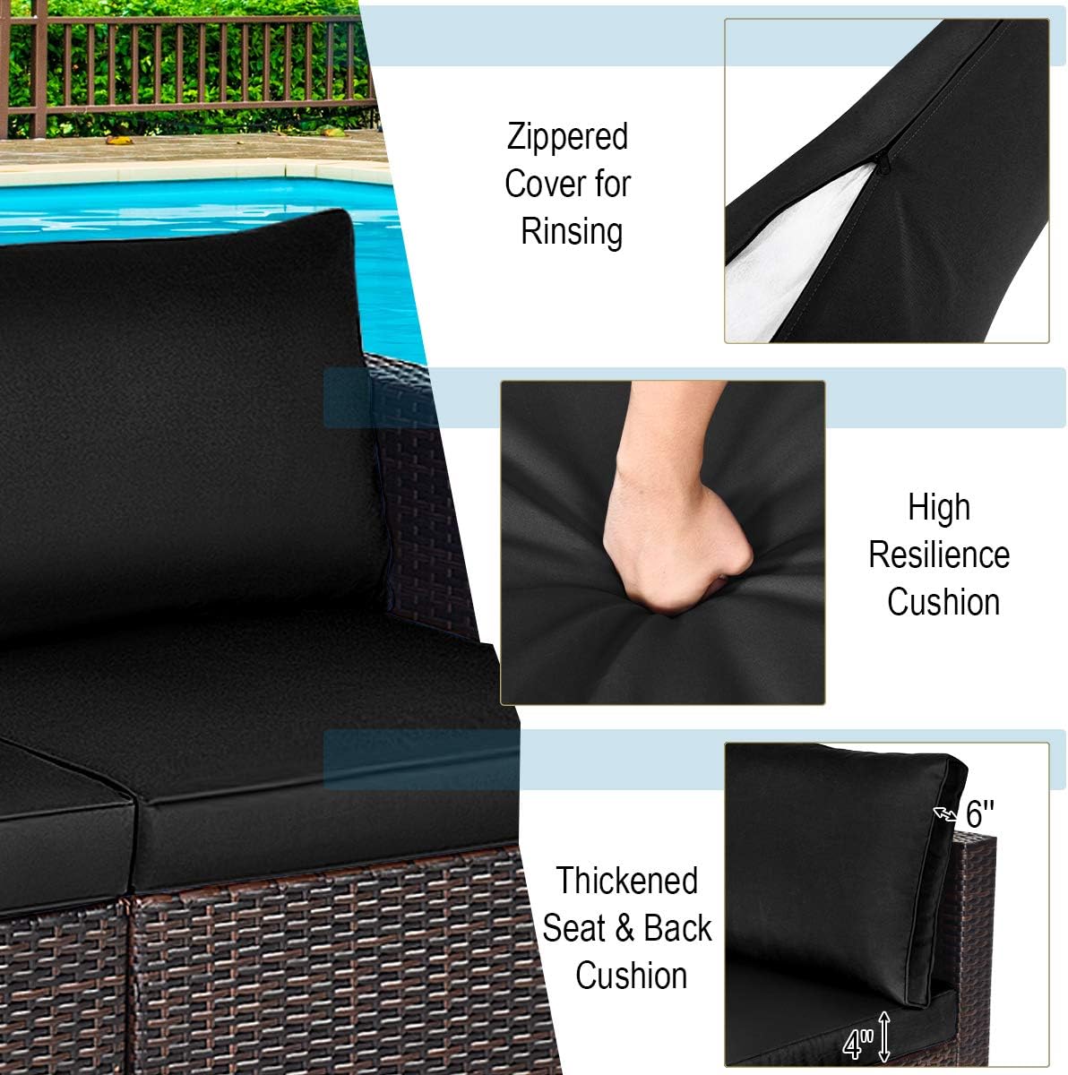 Tangkula 2 Seat Outdoor Wicker Loveseat Sofa Set, Modular PE Rattan 2 Pieces Outdoor Wicker Corner Sofa, Outside Furniture Set for Deck, Backyard, Porch, Garden & Poolside, Black