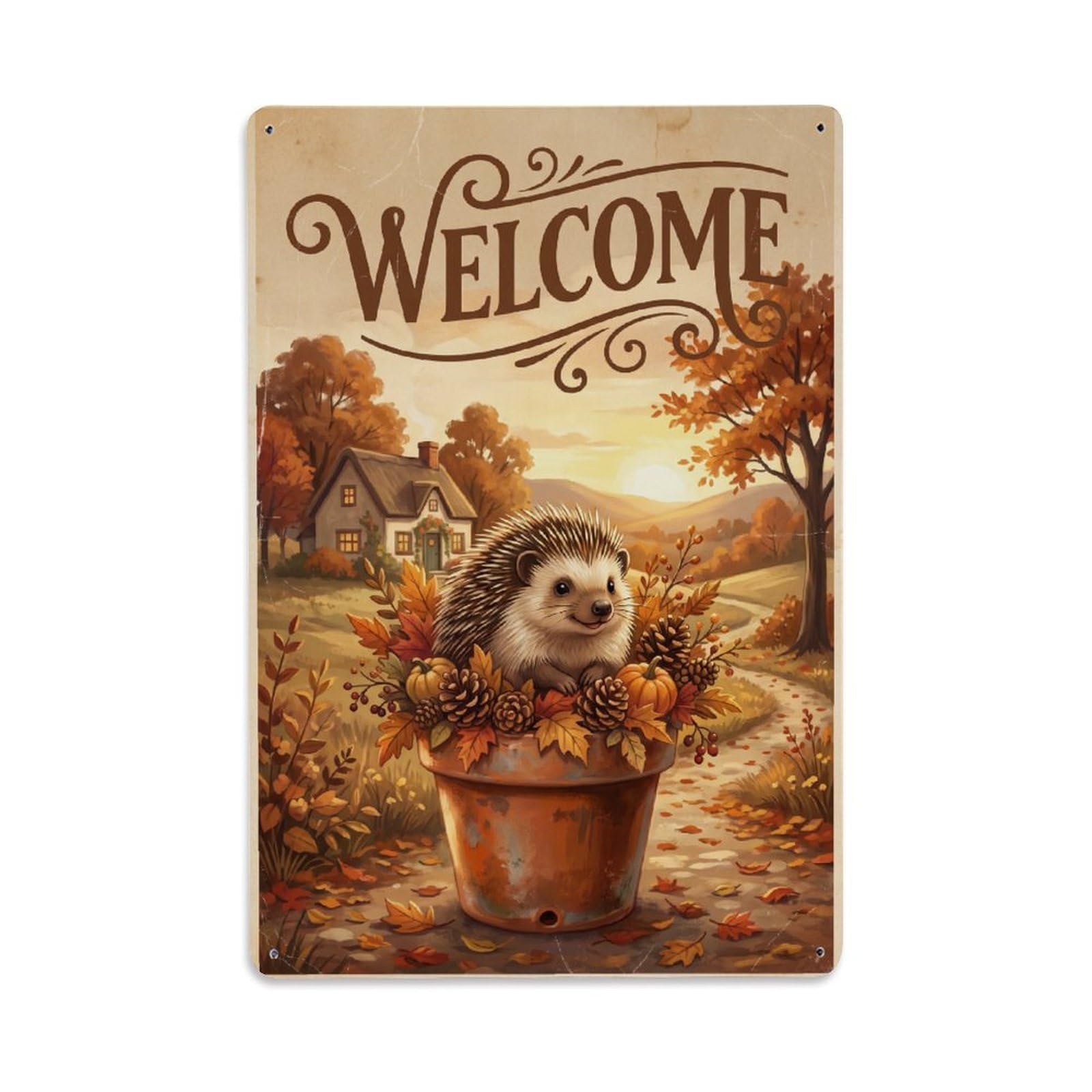 Vintage Welcome Porcupine Cozy Corner Metal Tin Sign
