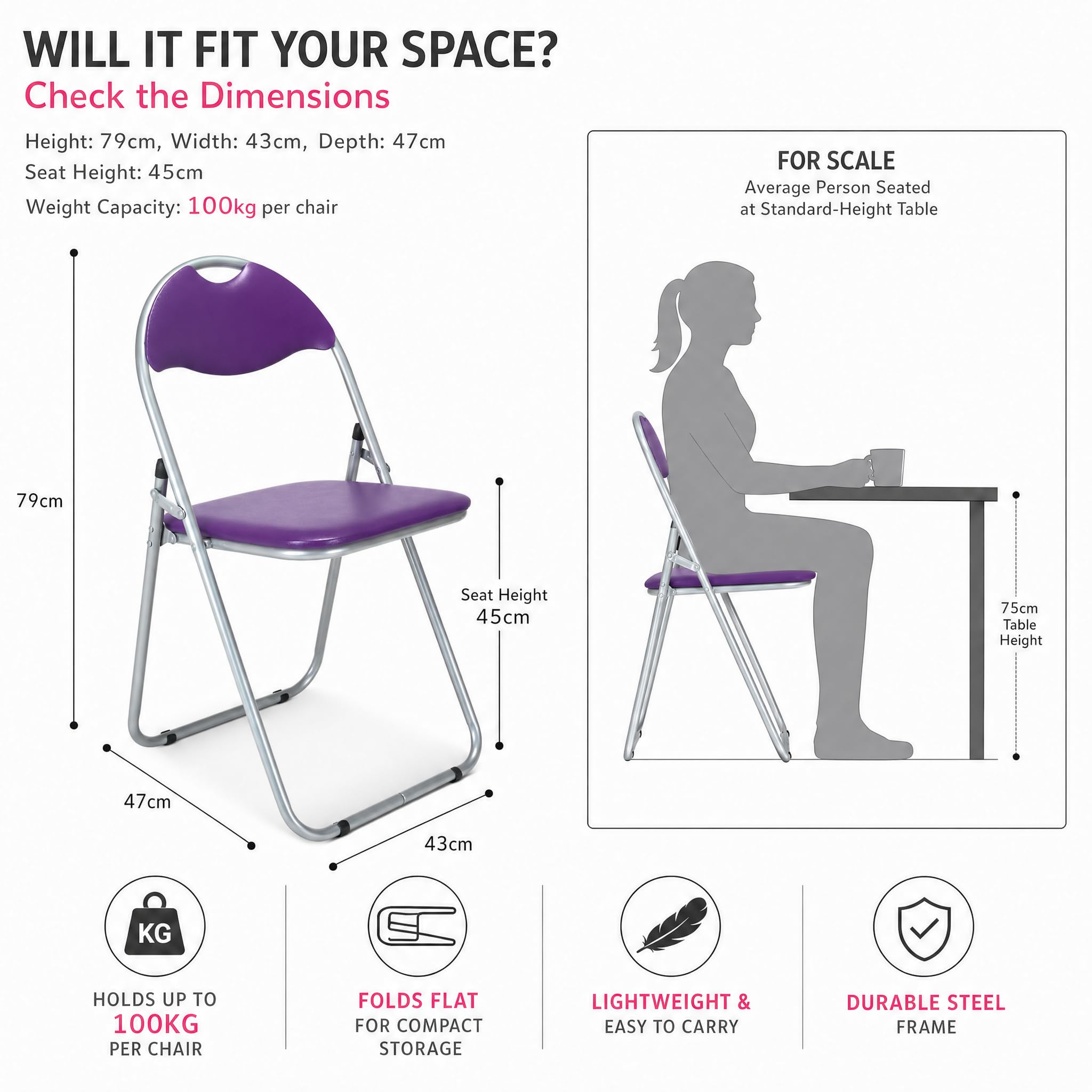 Bravich Candy Folding Chair, Padded Foldable Dining Chair with Steel Frame, Holds 100kg - Image 6