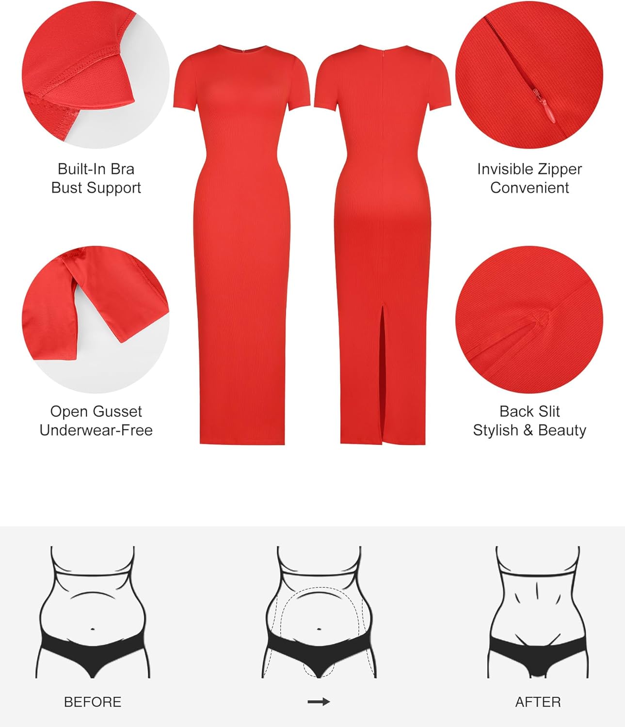 Popilush Shaperwear Dress Built-in Bra Women's Casual Lounge Dress with Zipper Short Sleeve Mock Neck Bodycon Dresses
