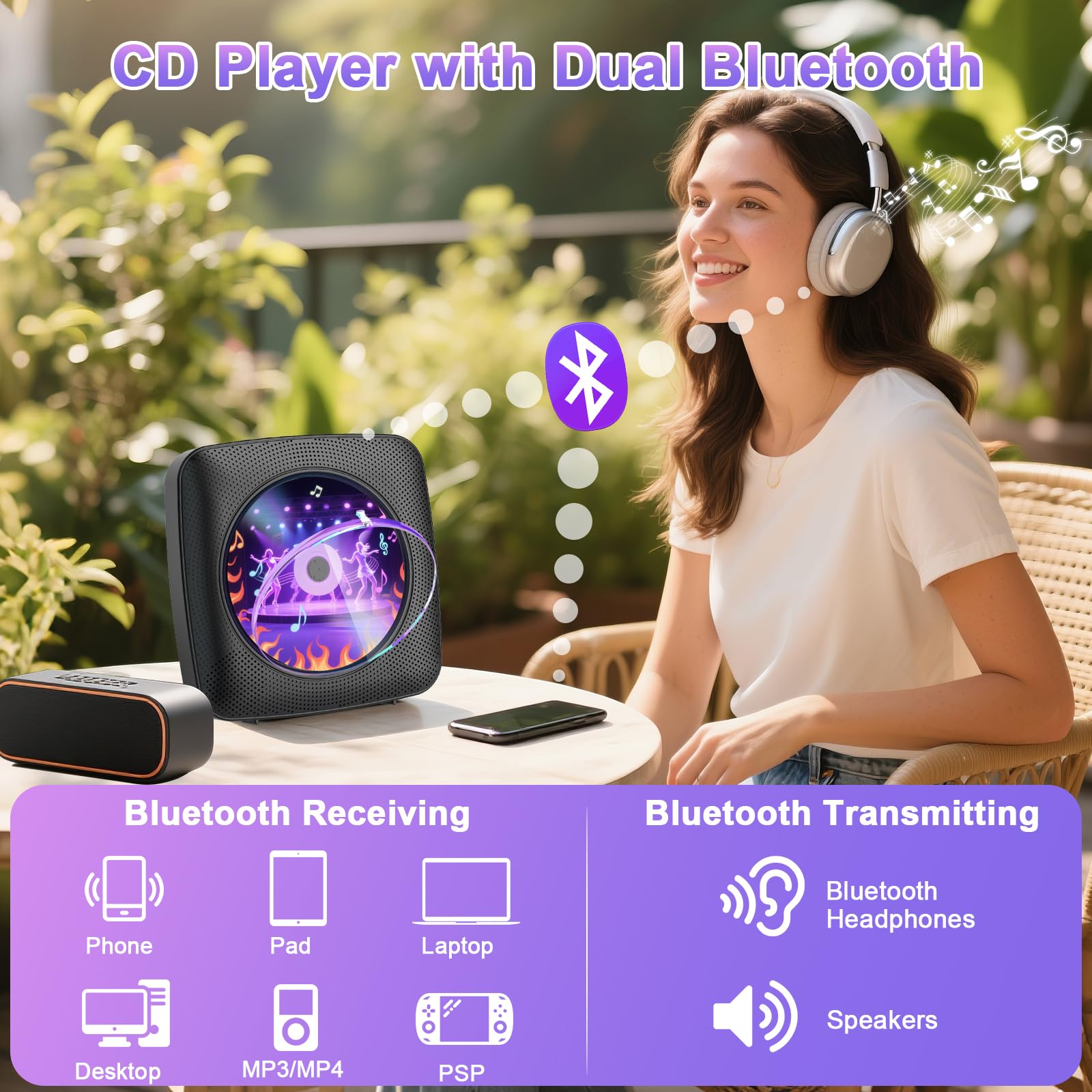 Gueray Lettore CD portatile Hifi Bluetooth con altoparlanti batteria ricaricabile 1800 mAh telecomando radio FM USB AUX Nero