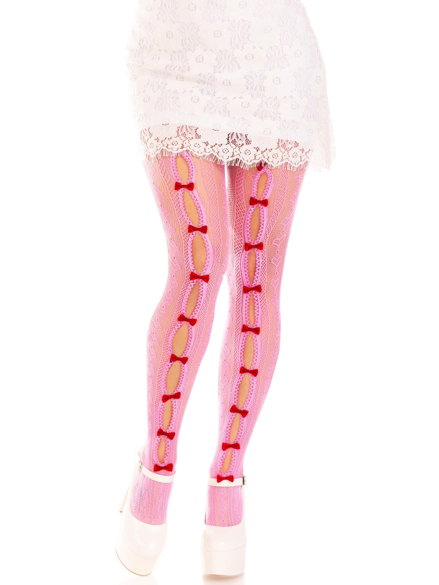 Leg Avenue Sweetheart Striped Net Tights with Keyhole and Mini Bow Detail Mallas, Rosa, Talla única para Mujer