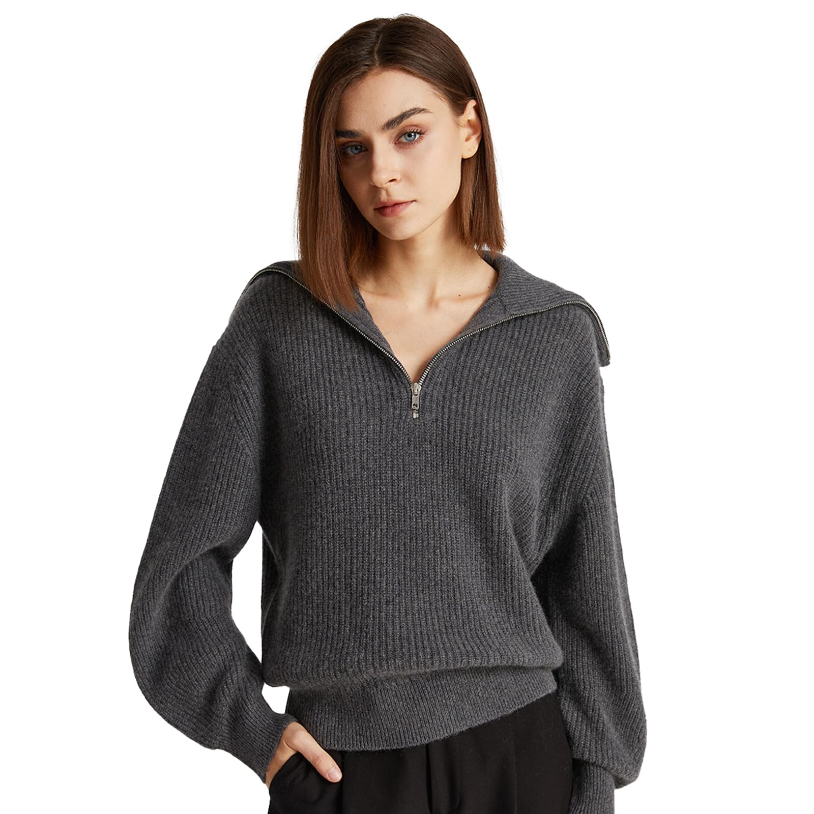 GreenMount Womens Zipper Cashmere Lapel Pullover Sweater Soft and Warm Long Sleeves for Women