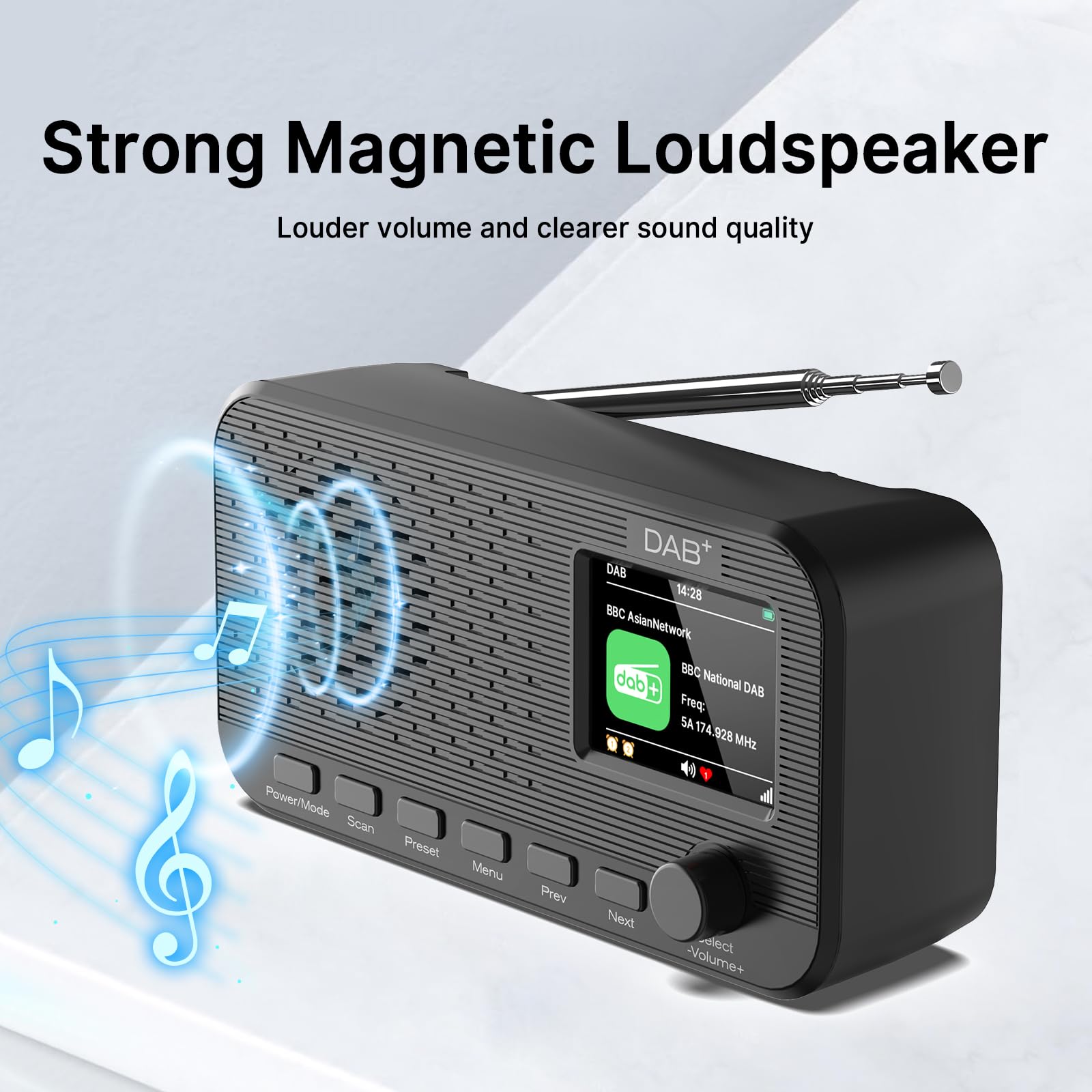 DAB Radio con Bluetooth, radio digitale FM ricaricabile, radio a batteria, radio portatile DAB+, radio da cucina con 80 preset, display a colori da 2,4 pollici, doppia sveglia, timer