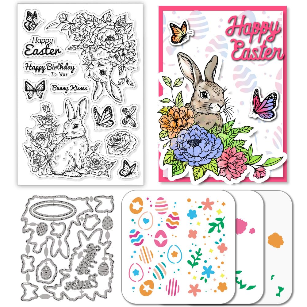 GLOBLELAND Easter Rabbit Clear Stamps Cutting Dies PET Painting Stencils for Card Making Easter Egg Flowers Silicone Stamp Metal Greetings Die Cuts PET Paint Stencils for DIY Scrapbooking