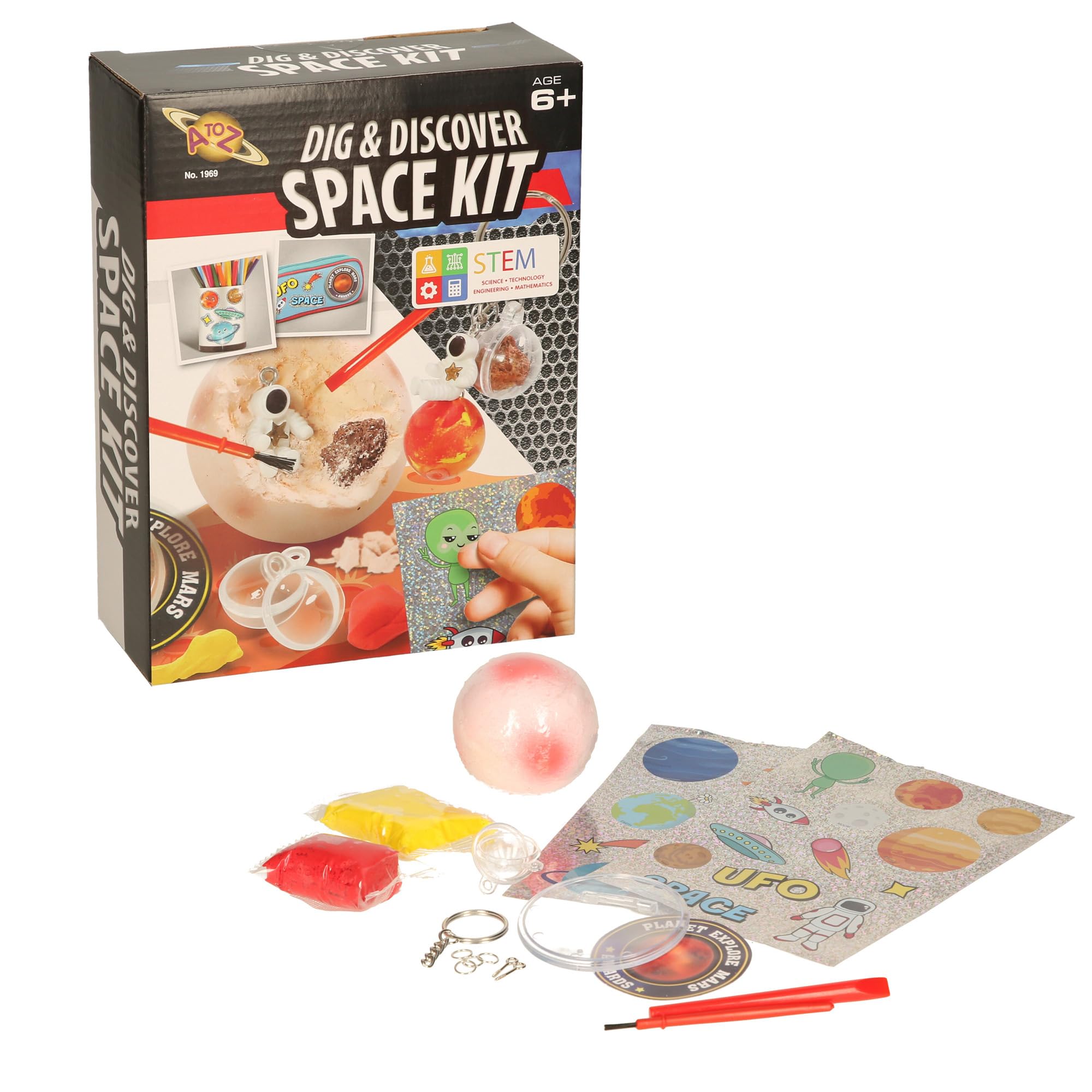 A to Z Dig & Discover Space Kit, STEM Educational Toy, Age 6+, Includes Planet Mars Excavation, Slime, Stickers, Keychain