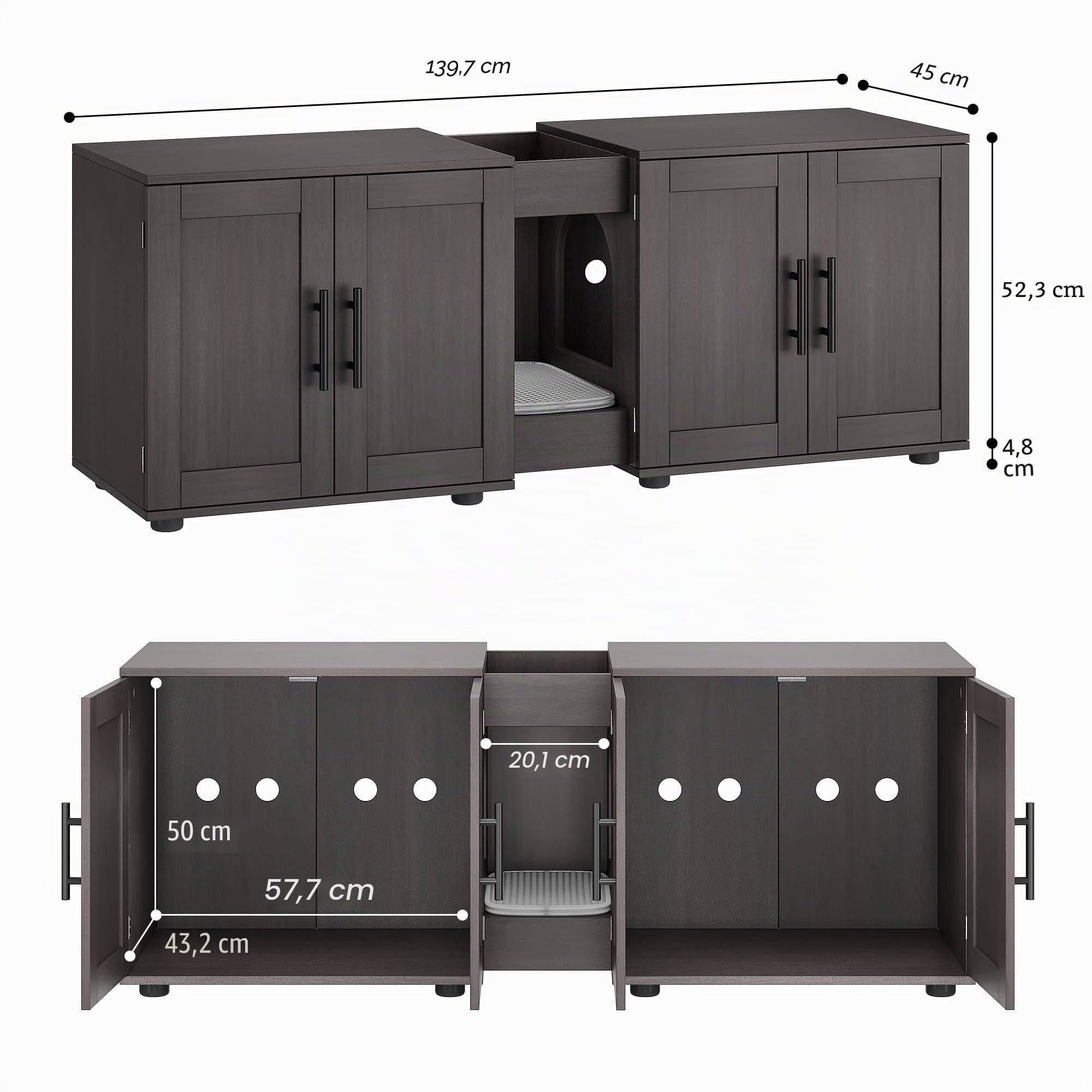 Katzenklo-Schrank für 2 Katzen – Großes Doppelzimmer-Katzenhaus, verstecktes Katzenklo-Möbel mit Scheunentor, wasserfeste & Pflegeleichte Oberfläche, Stauraum, Wohnzimmer Holz, 140 cm