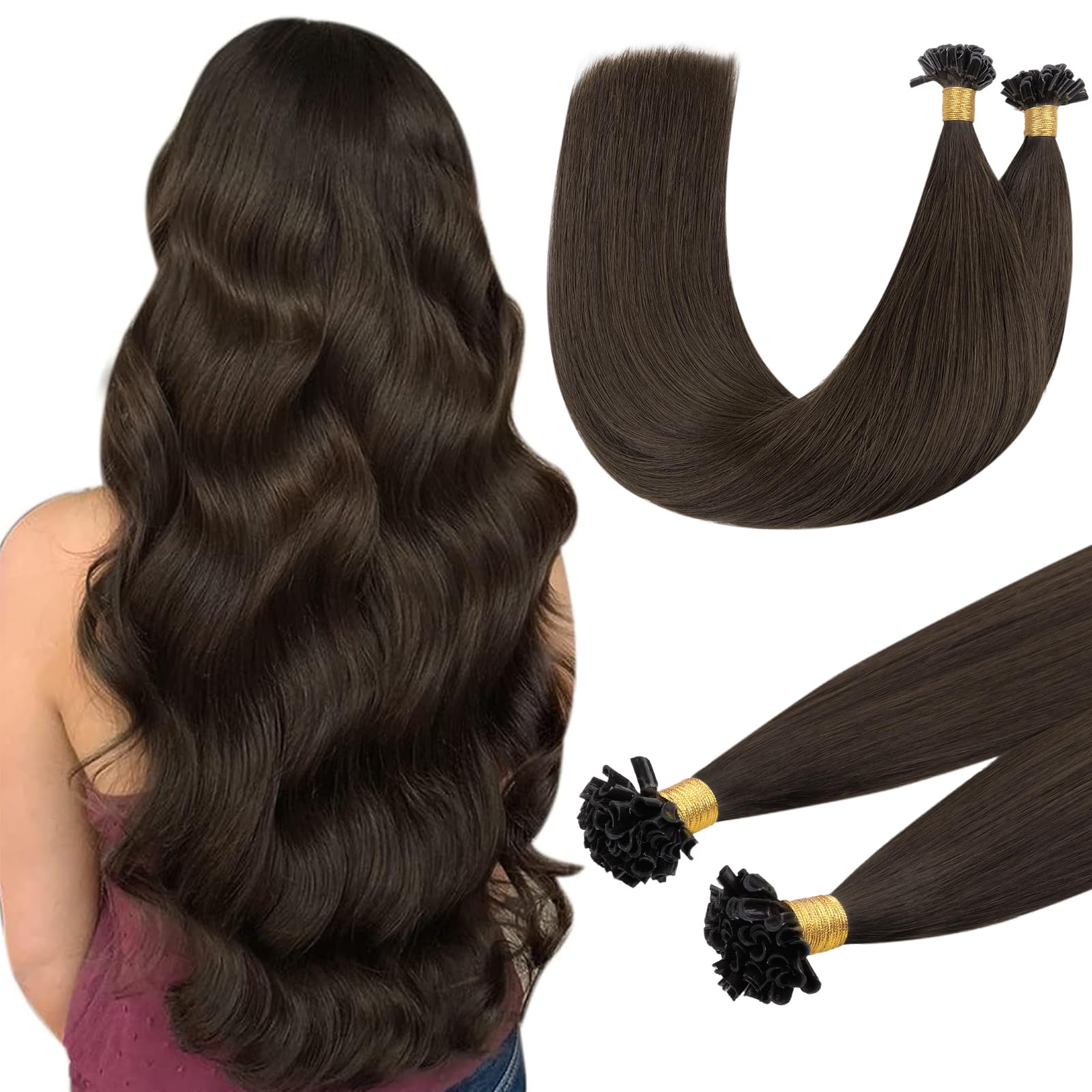 DOORES U Tip Hair Extensions Real Human Hair, Light Dark Brown 22 Inch 50g 50s, Natural Remy U Tip Ring Hair Extensions Cold Fusion