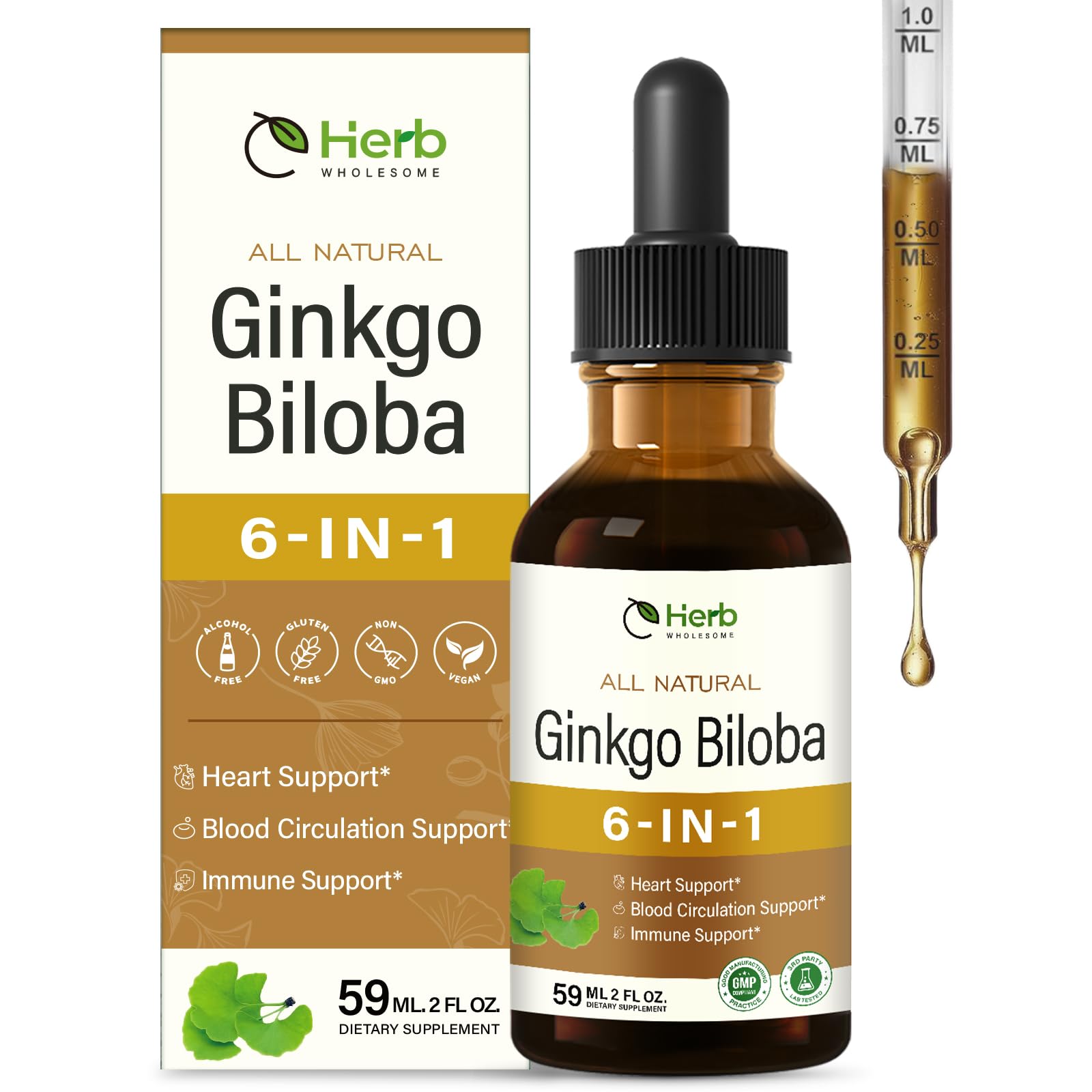 Ginkgo Biloba Extract Drops for Blood Circulation, 6-in-1 Herbal Supplement for Heart & Immune Support Blend w/Horse Chestnut Red Ginseng. 2oz