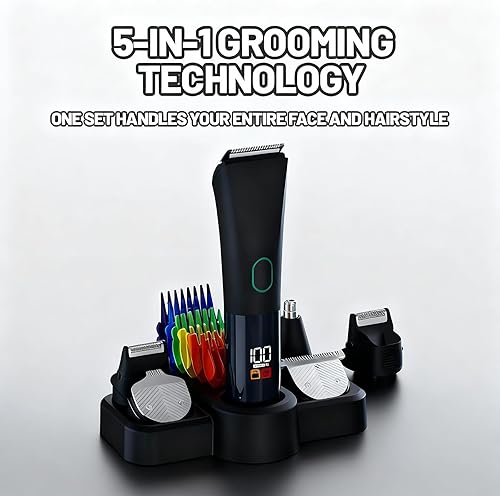 Miniatura 9 de Cortadora eléctrica de barba para hombres, kit de cortadora de pelo inalámbrica 5 en 1 con accesorios de aseo ajustables para bigote, cuerpo, pelo
